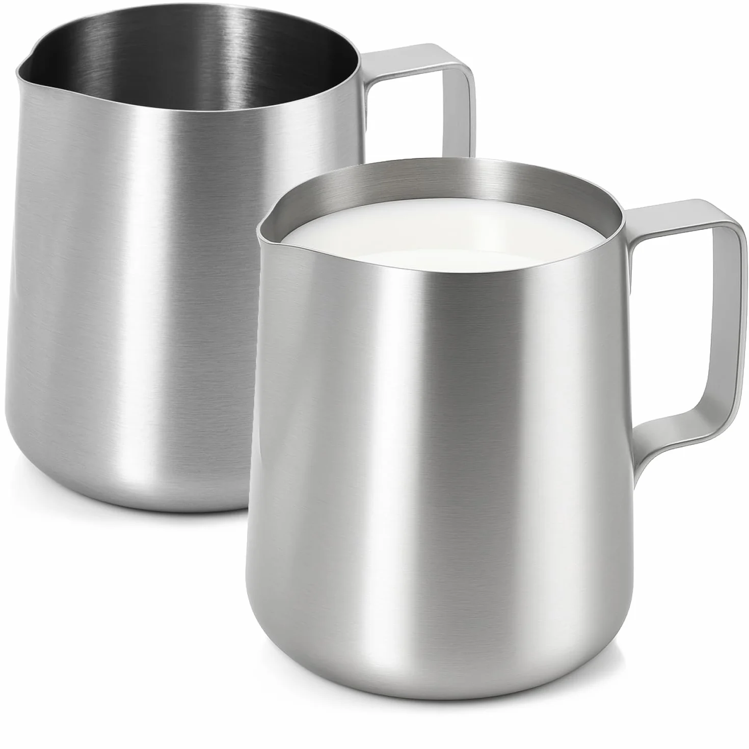 com-four® 2x dzbanek na mleko stal nierdzewna 380 ml – stabilny z uchwytem – dzbanuszek do spieniania mleka, smietanki & sosów – trwaly & zmywarkowy (2x srebro - 380ml)