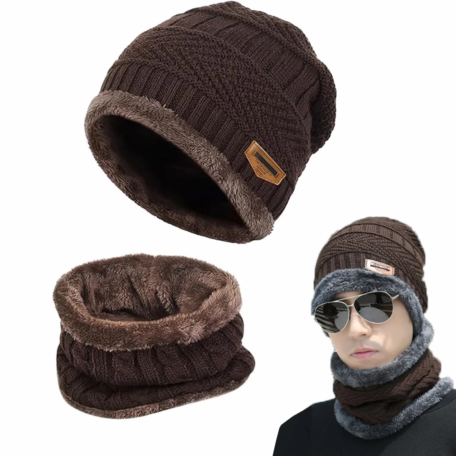 Zimowa czapka z szalikiem dla mężczyzn, zimowa czapka z dzianiny i szalik, zimowa czapka z szalikiem z podszewką z polaru dla kobiet i mężczyzn