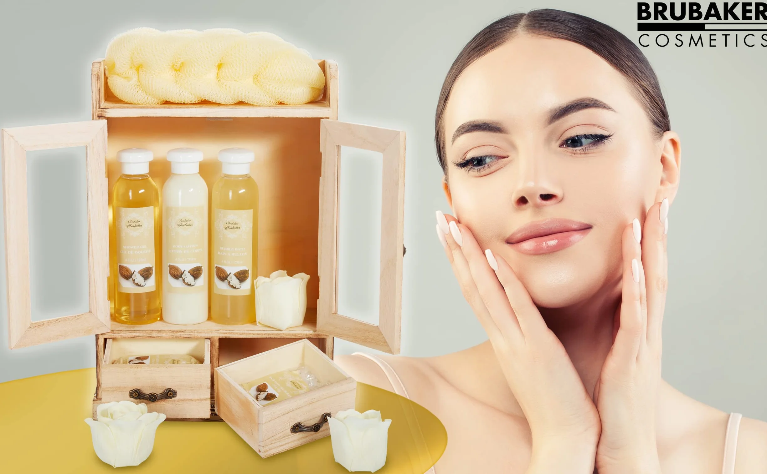 BRUBAKER Cosmetics Zestaw do Kąpieli i Pielęgnacji Masło Shea w Drewnianej Szafce - Zestaw Upominkowy