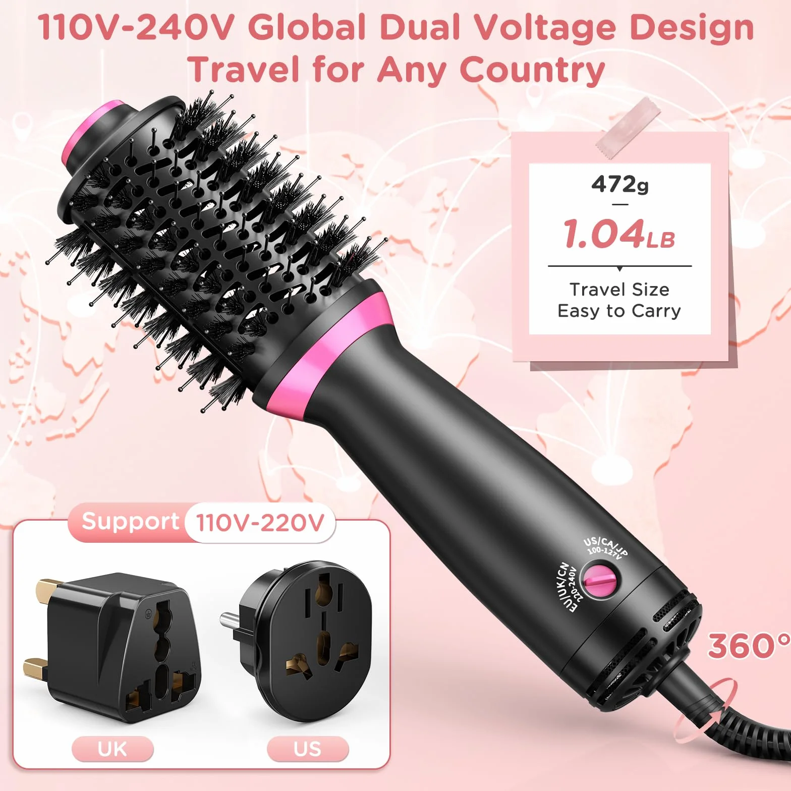 3w1 podwójne napięcie One-Step Ionen Hair Dryer Brush, Szczotka do włosów na gorące powietrze,przenośna Szczotka do suszarki z 2 prędkościami,Szczotka do stylizacji zwiększająca objętość włosów