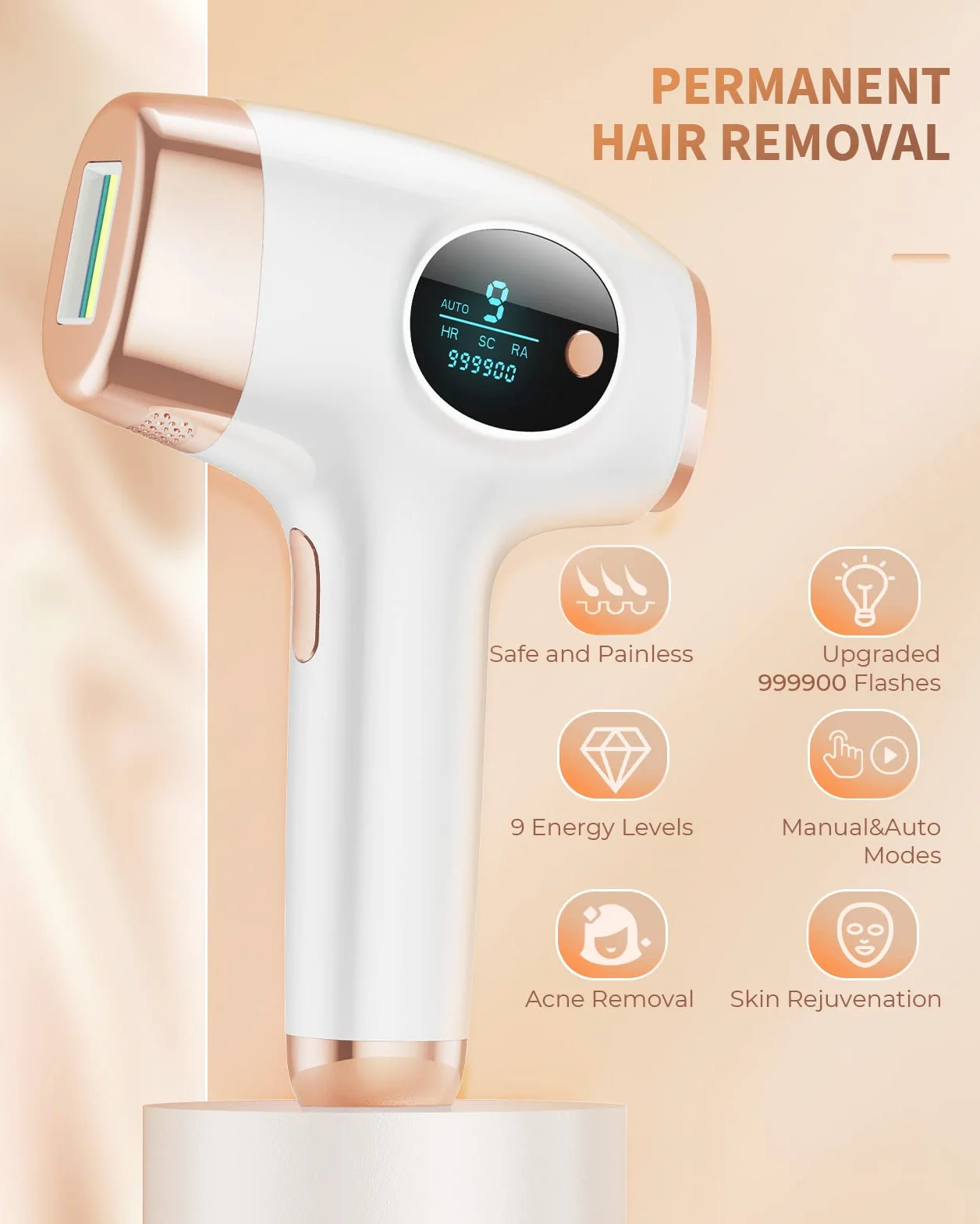 IPL Laser do usuwania włosów 9 poziomów energii 3 funkcje HR/SC/RA 999900 impulsów