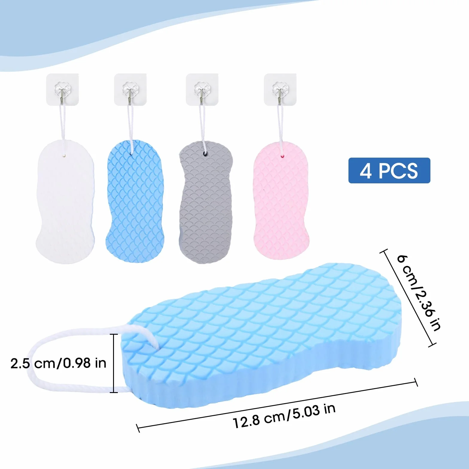 Gąbka do kąpieli peelingująca, 4 sztuki, ultra miękka gąbka do kąpieli, delikatny peeling, z rękawiczkami kąpielowymi i 4 haczykami, peeling wielokrotnego użytku, dla dorosłych, dzieci i kobiet