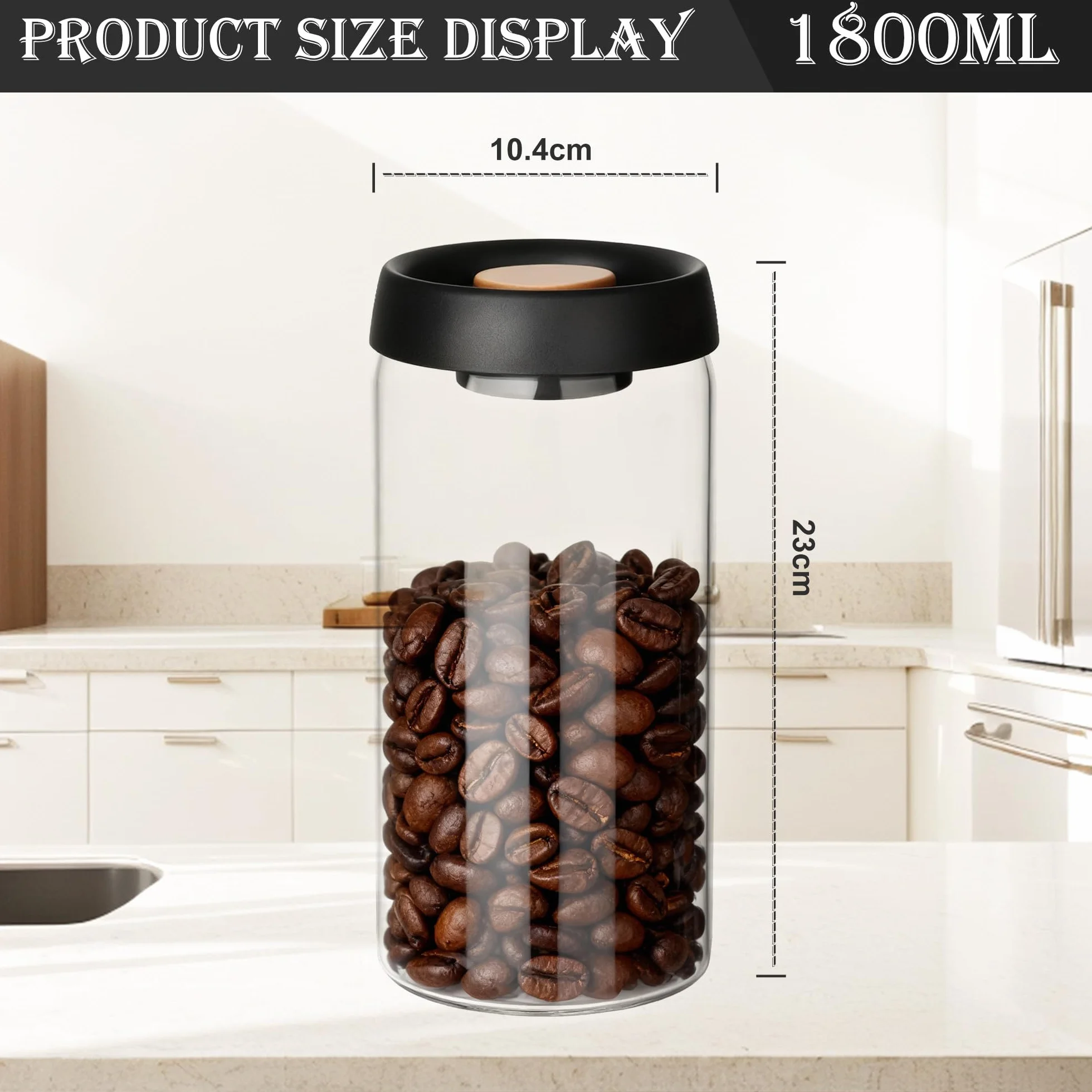 Puszka na kawę z pokrywką próżniową: 1800 ml, szklana puszka z czarną pokrywką,
