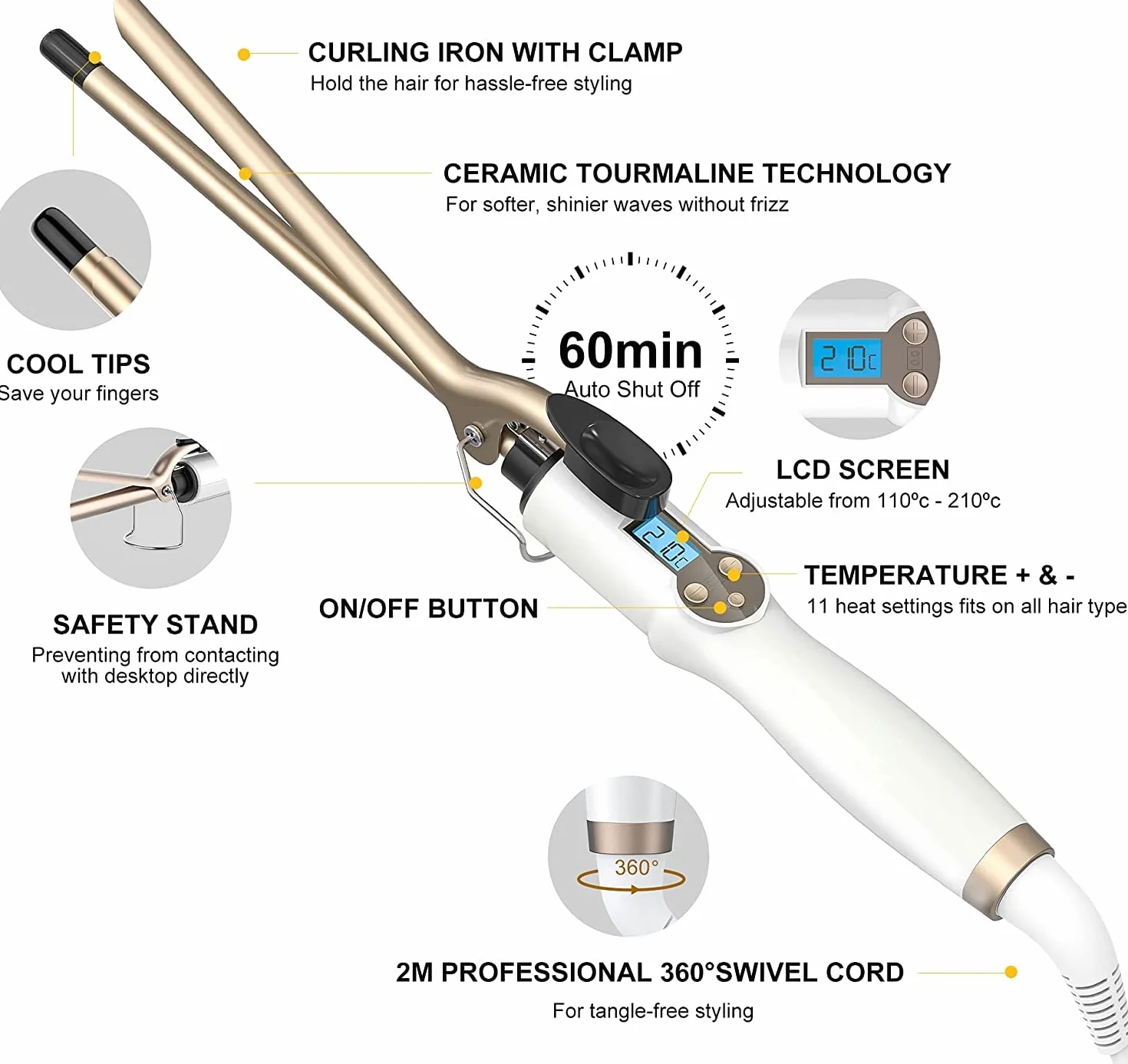 AIMERVO Lokówka do włosów 9MM Afro Drobne Loki 3/8 Inch Curling Wand 11-stopniowa Regulacja Temperatury 110-210°C Cyfrowy Wyświetlacz LCD Ceramiczna Turmalinowa