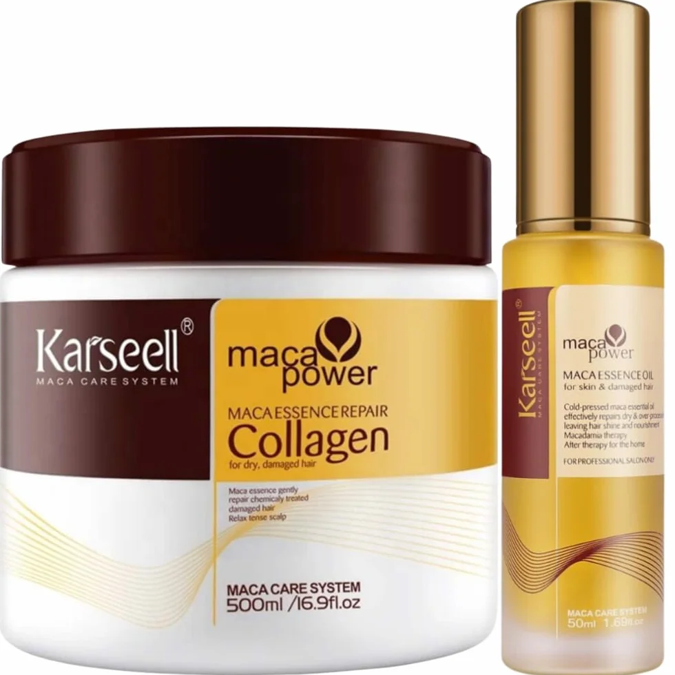 Karseell MACA CARE SYSTEM Maska Kolagenowa Serum Olejek Arganowy Włosy Suche Zniszczone Farbowane Puszące Nawilżenie Blask Regeneracja Wzmocnienie Do Wszystkich Rodzajów Włosów 500ml+50ml