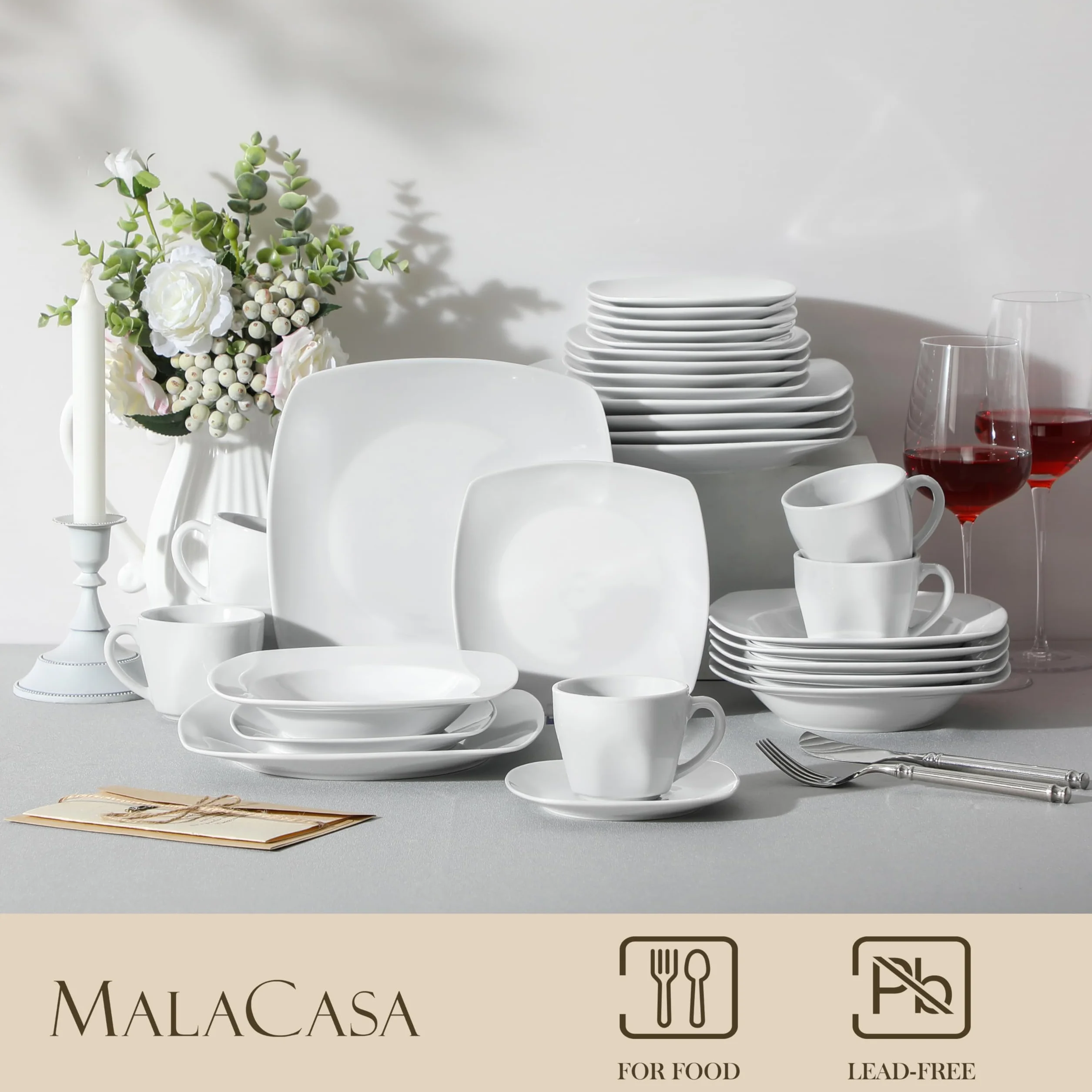 MALACASA Julia 60-częściowy serwis stołowy dla 12 osób, mały, porcelanowy serwis do kawy z talerzami obiadowymi, talerzykami deserowymi, talerzami do zupy, filiżankami do kawy, spodkami, po 12 sztuk