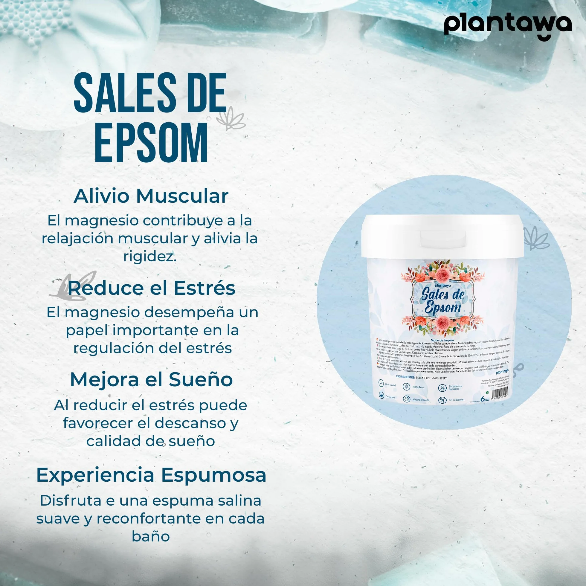 Plantawa Epsom sól 6 kg, koncentrat soli do kąpieli z czystego magnezu, naprawa i pieniąca kąpiel, bez toksyn i dodatków, regenerujący sen | 100% naturalna, skuteczna pielęgnacja ciała.