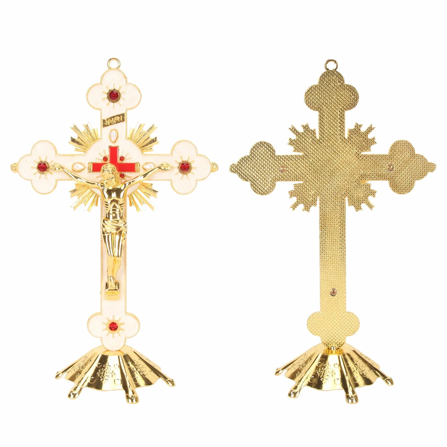 Fockety Stojący Krzyż Znakomity Metalowy Krzyż Stojący Elegancki Retro Retro Krzyż Krzyż Czerwony Rhinestone Dekoracji Z Podstawą Katolicki Krzyż Jezusa Długotrwały