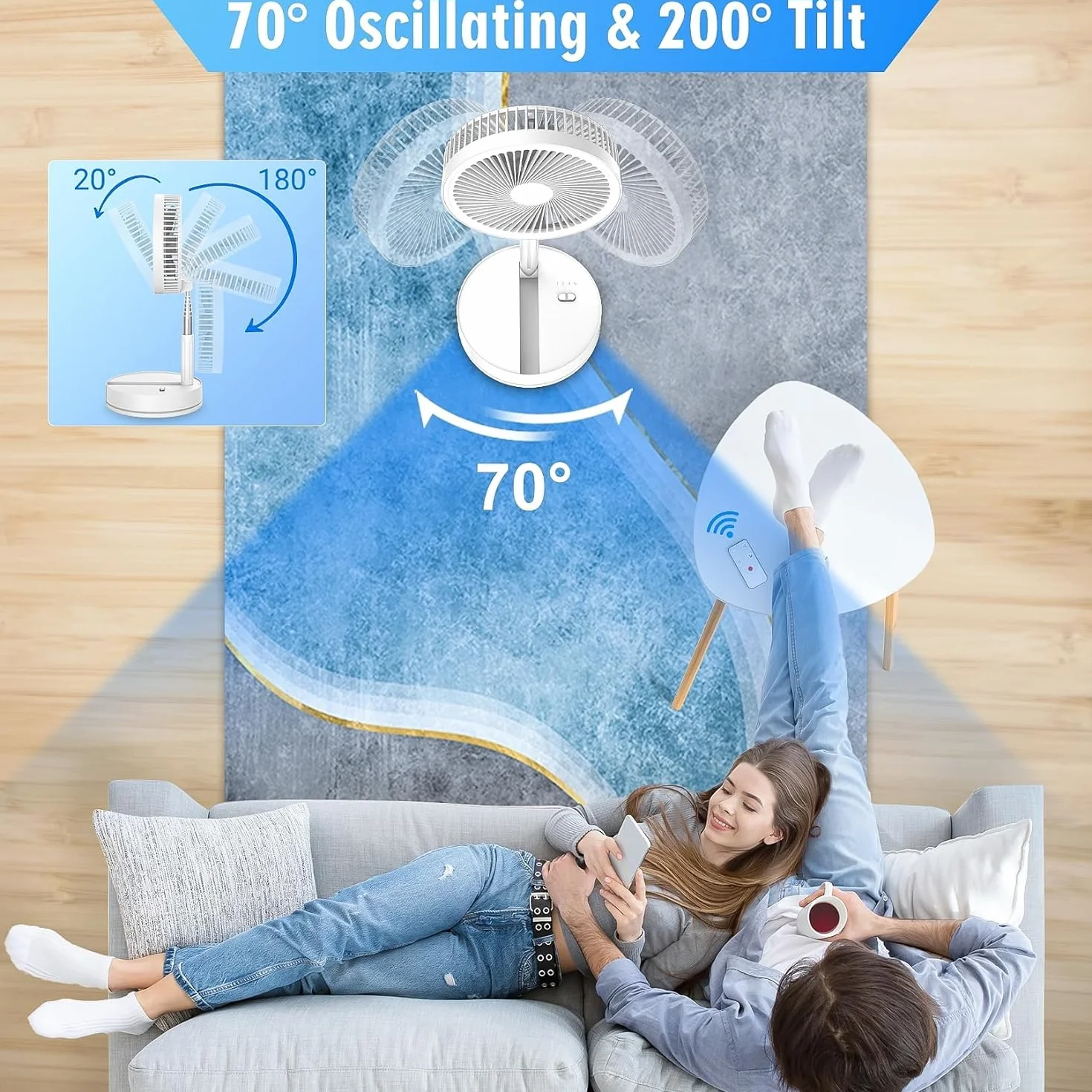 Przenośny wentylator podłogowy z Oscylujący z Pilotem, Cichy 9'' Składany Niskie Zużycie Energii - 4 Tryby/Timer, 7200mAh Ładowany USB - Do Biura i Sypialni