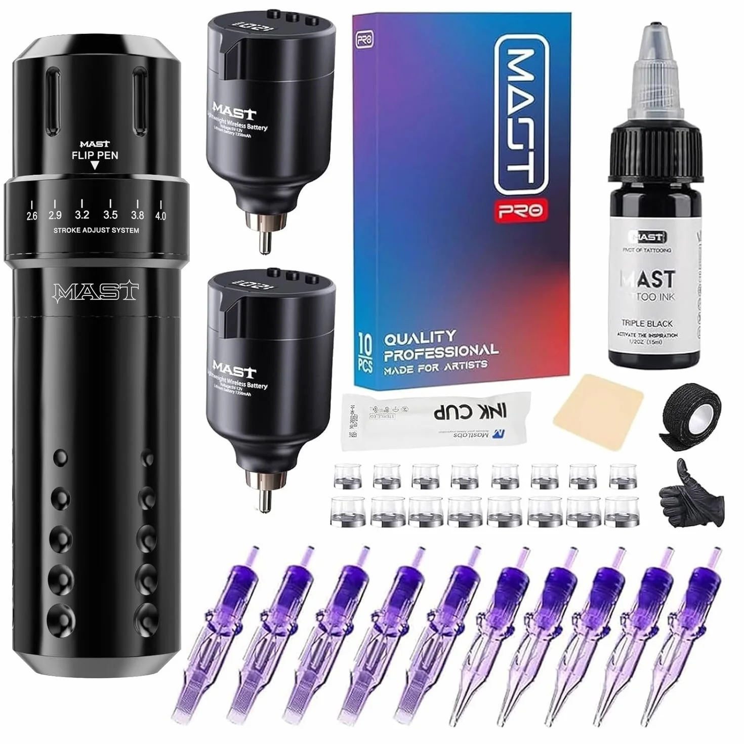 Mast Tattoo Machine Kit Flip Wireless Tattoo Pen Rotary Tattoo Gun 7 Strokes Length 2Pcs Batteries interchangeable RCA Jack Tattoo Needles Cartridges for beginners and tattooists