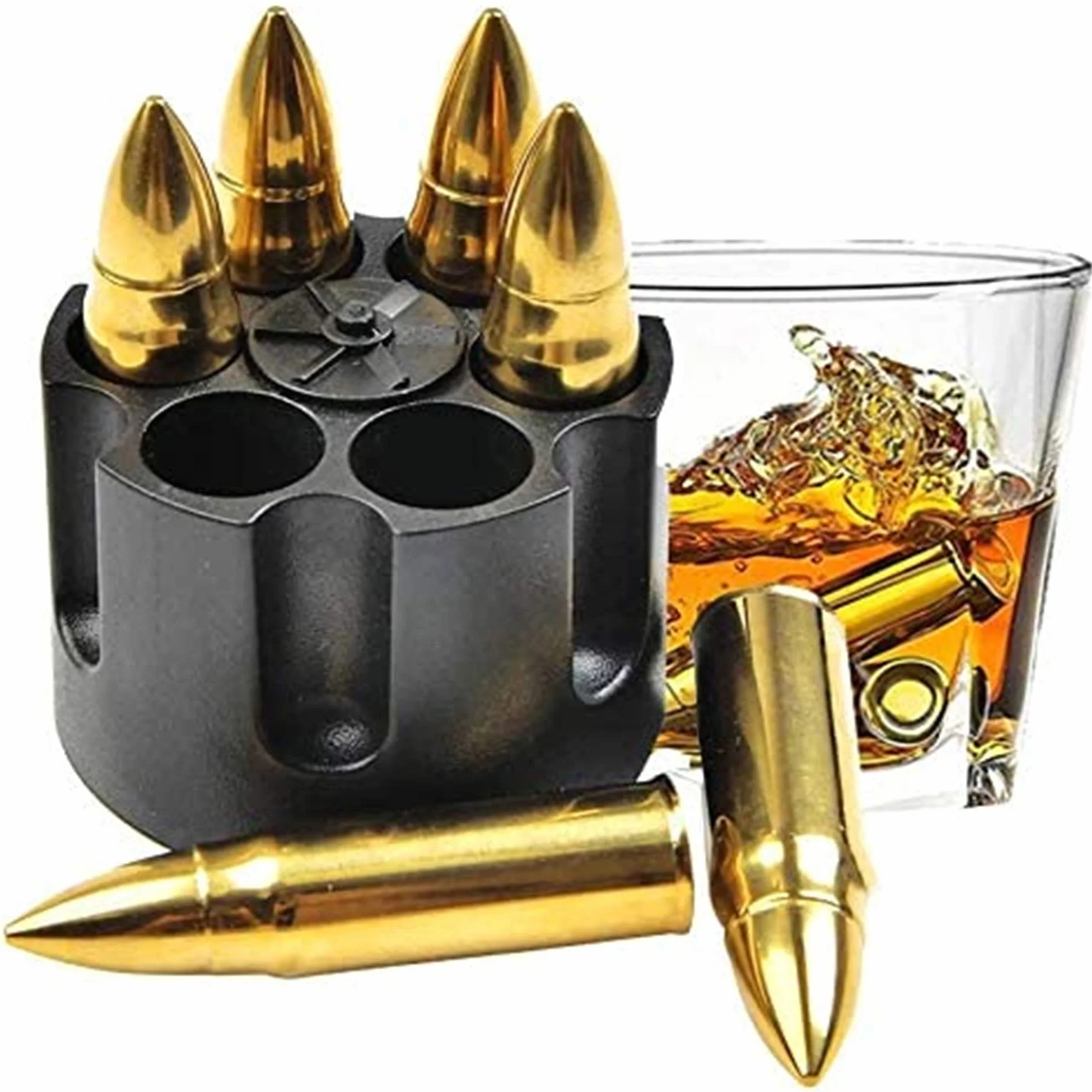 BUYGOO Kamienie do whisky ze stali nierdzewnej w kształcie pocisków z podstawą – 6 sztuk metalowych kostek lodu wielokrotnego użytku, duże kuliste kostki lodu, akcesoria do whisky, prezent dla