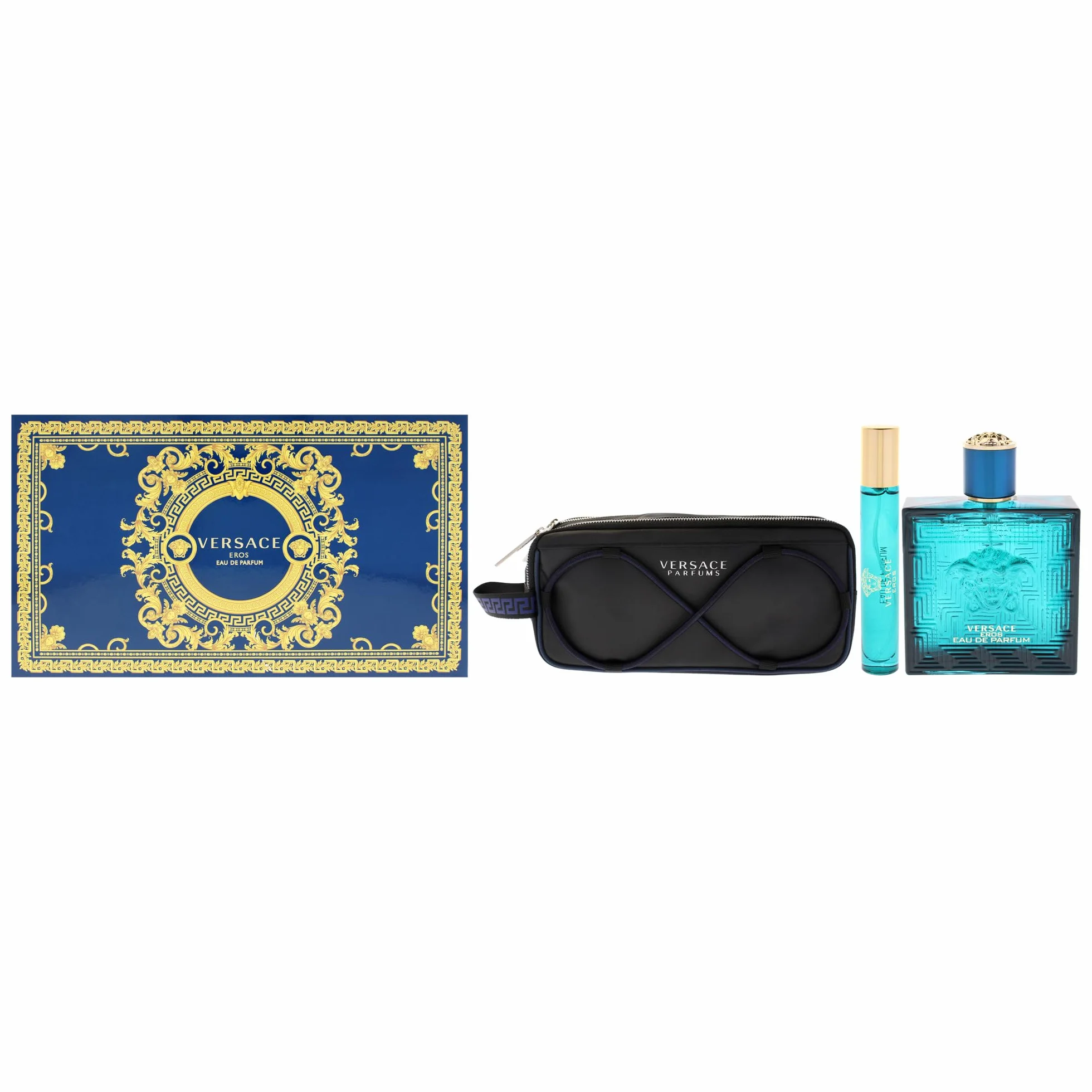 Versace Eros Eau de Parfum zestaw upominkowy 2025-100 ml EDP, spray podróżny 10 ml i torba na przybory toaletowe