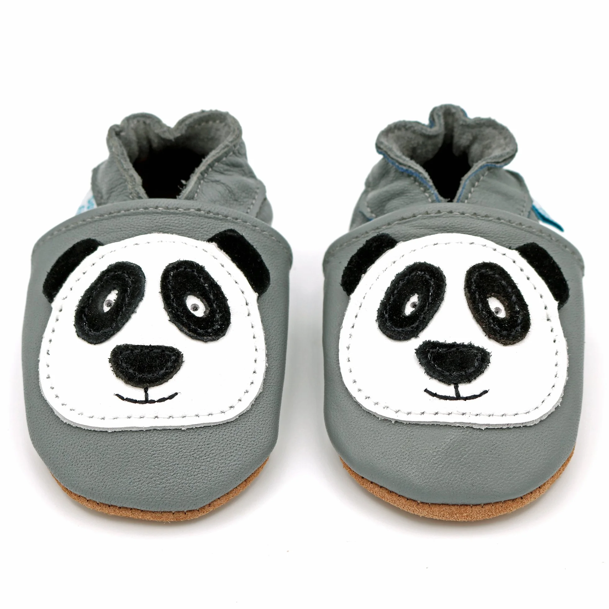 Dotty Fish Miękkie skórzane buty dziecięce z antypoślizgowymi podeszwami zamszowymi. Buty do raczkowania. Wzór zwierzęcy. Chłopcy i dziewczęta (17-28 EU), Szara panda., 21 EU
