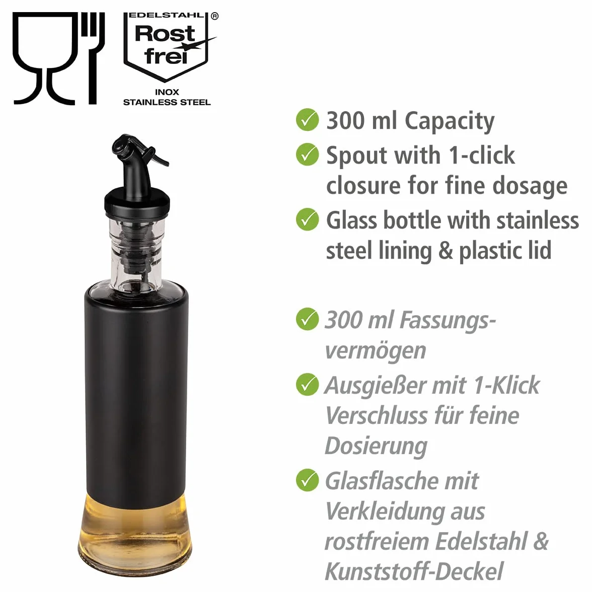 WENKO Dozownik oleju i octu Boga, 300 ml, wylewka z zamknięciem na 1 kliknięcie, do precyzyjnego dozowania, szklana butelka z osłoną ze stali nierdzewnej i pokrywką z tworzywa sztucznego, Ø 6 x 25 cm, przezroczysty/czarny