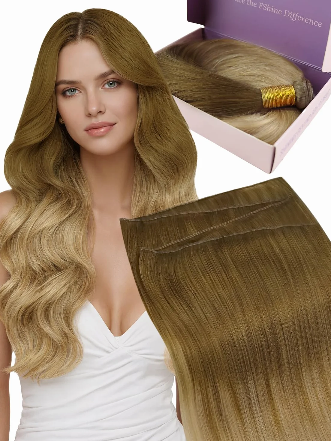 Fshine Treski do przedłużania włosów, prawdziwe włosy, 50 g, 40 cm, balejaż, złoto-brązowe, falujące do brązowych, proste przedłużki, brazylijskie włosy