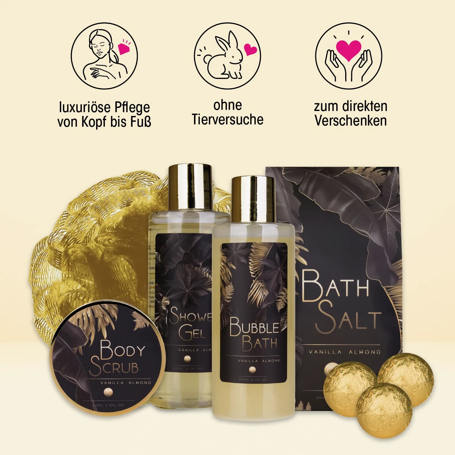 accentra Luxury Bath Set Gift Set w pięknych złotych brokatowych pompkach, 9-częściowy luksusowy zestaw pielęgnacyjny zestaw pod prysznic - dla relaksującego doświadczenia SPA