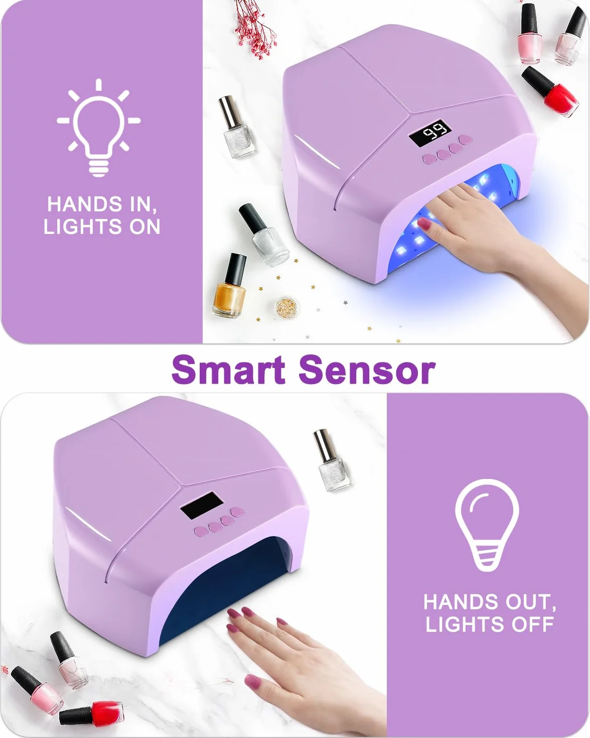 298W LED UV Lampe nägel, UV Lampe für Gelnägel, Nagel Lampe mit 4 Timern, LCD-Display, Sensor, Abnehmbarer Basis, Nageltrockner, LED Nagellampe für Shellac Nägel, Lila