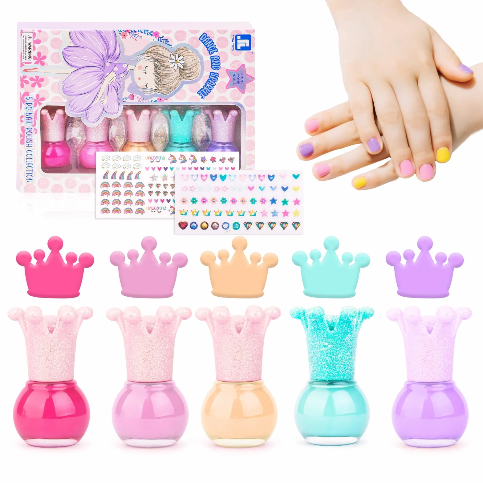 Lakiry do paznokci dla dzieci, 5 ml x 5 kolorów + arkusze naklejek, szybkoschnący, peel-off, na imprezę