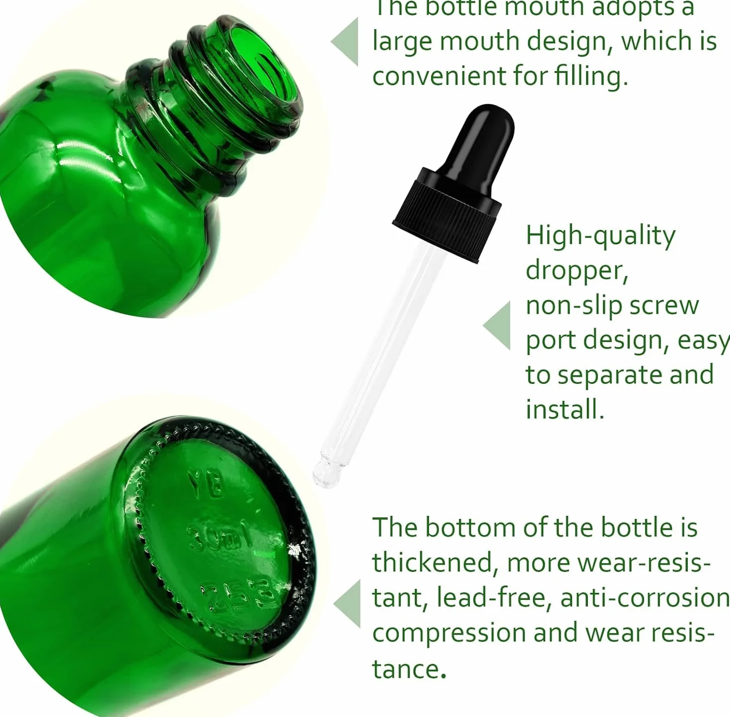 AMJKEJI Butelki z pipetą 30 ml, butelka z lejkiem do pipety, butelka perfum z zakraplaczem, szklany zakraplacz do olejków eterycznych, perfum, aromaterapia, zielone, 12 sztuk