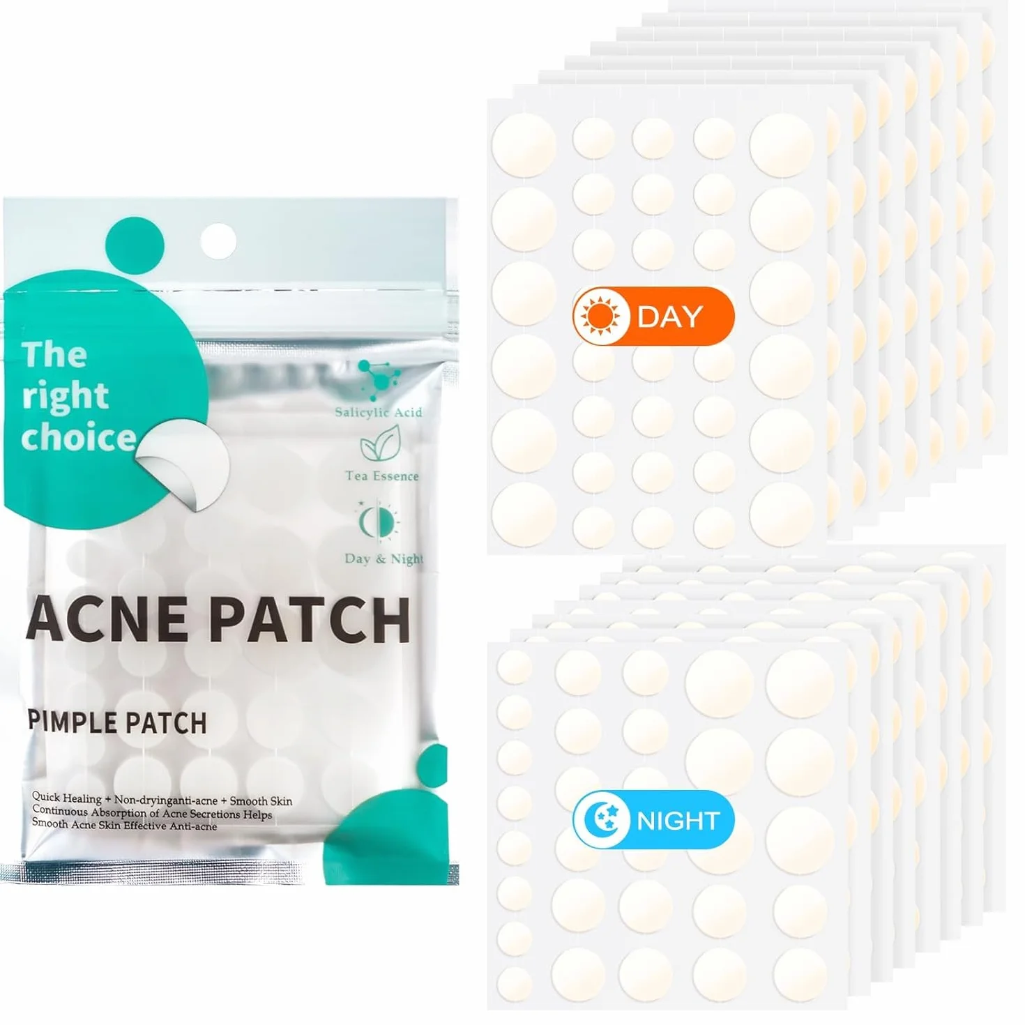 Pimple Patches 528 pièces, Hydrocolloïde Acné Patch, Invisible Naturel Patch Bouton, Utilisation de Jour et de Nuit, 2 en 1, Avec Huile De Tea Tree Et Acide Salicylique 4 tailles (8/10/13/15 mm)