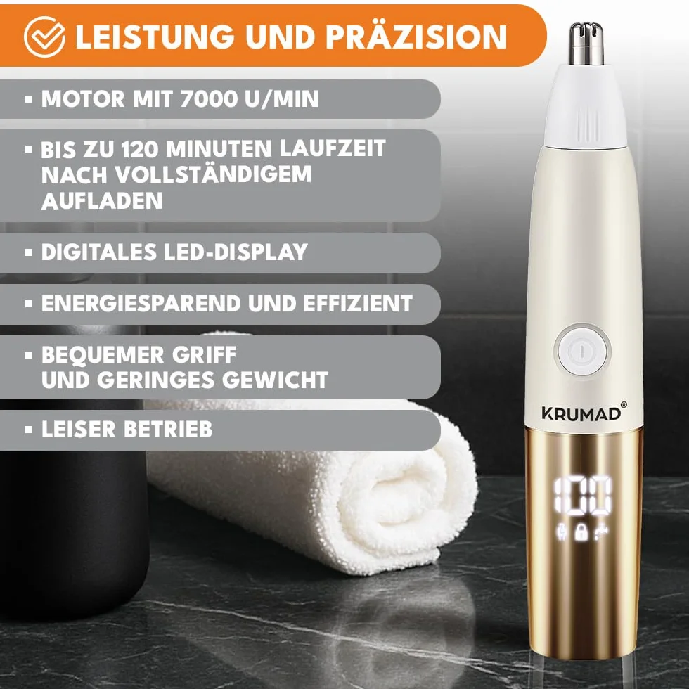 KRUMAD Trymer do nosa 3w1 Elektryczny z wyświetlaczem cyfrowym i ładowaniem USB Typ-C Wodoodporny