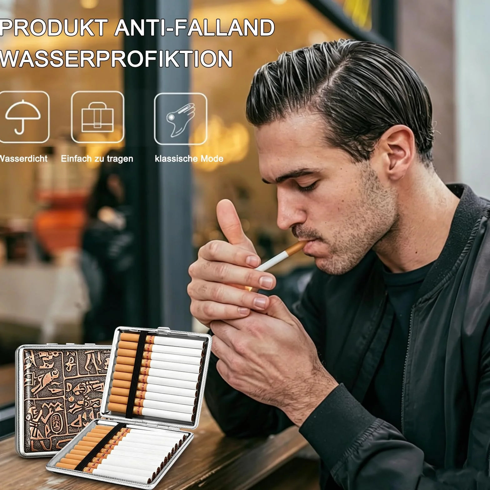 Papierośnica ze skóry metalowej, 2 sztuki papierośnic z poliuretanu (PU) na 20 papierosów, ze stali nierdzewnej, 9,5 x 9,8 x 1,8 cm, do kieszeni spodni i koszulek (kolor srebrny i złoty)
