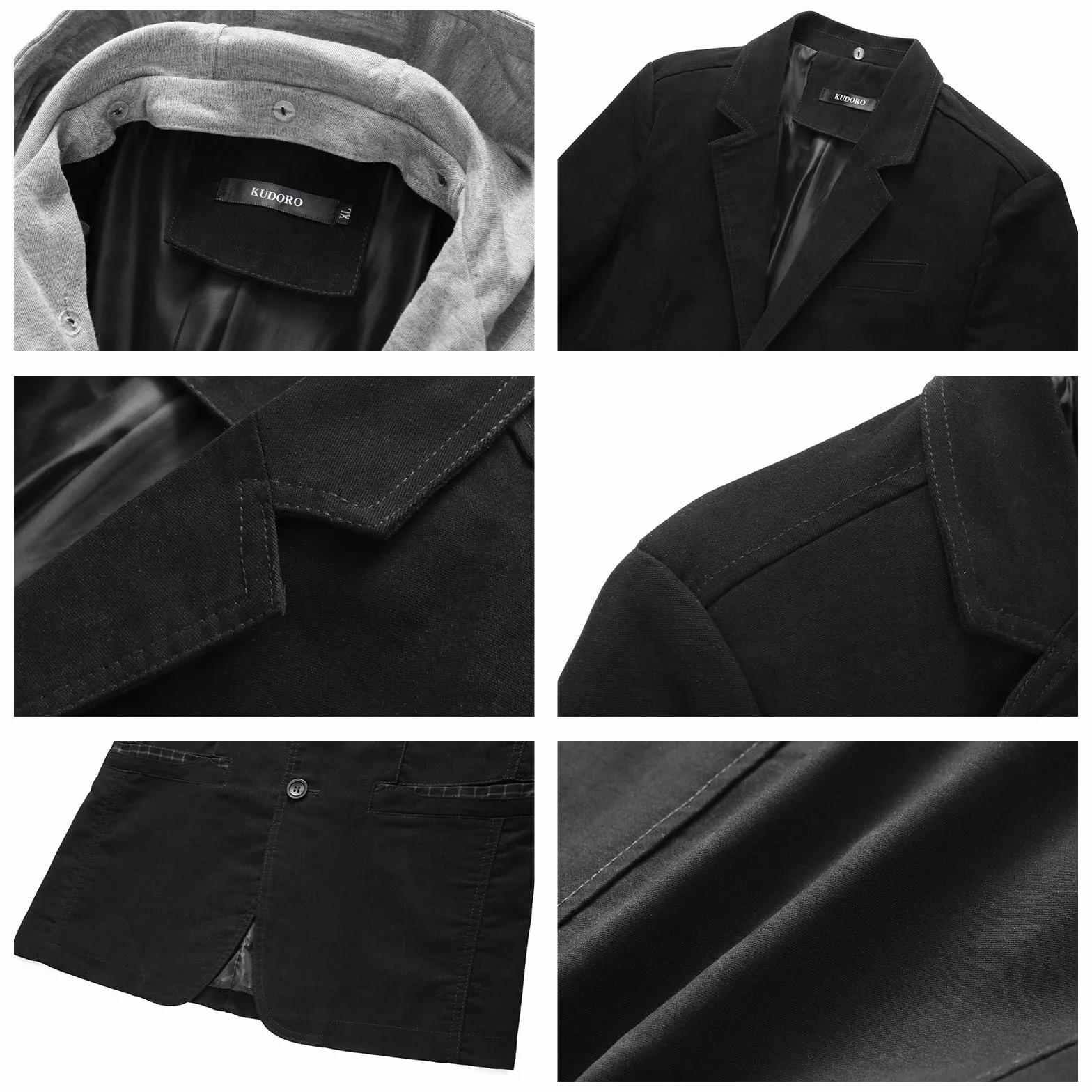 KUDORO Męska marynarka z odpinanym kapturem slim fit garnitur kurtki z dwoma guzikami na co dzień smoking dla mężczyzn klasyczna marynarka, Czarny, XL