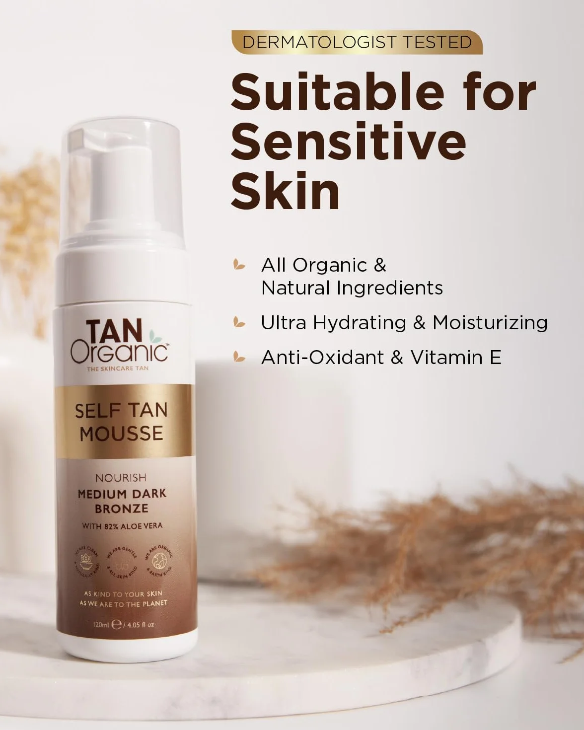 TanOrganic: Pianka samoopalająca, naturalne składniki, certyfikowane składniki organiczne, zatwierdzone przez dermatologów - 120ml