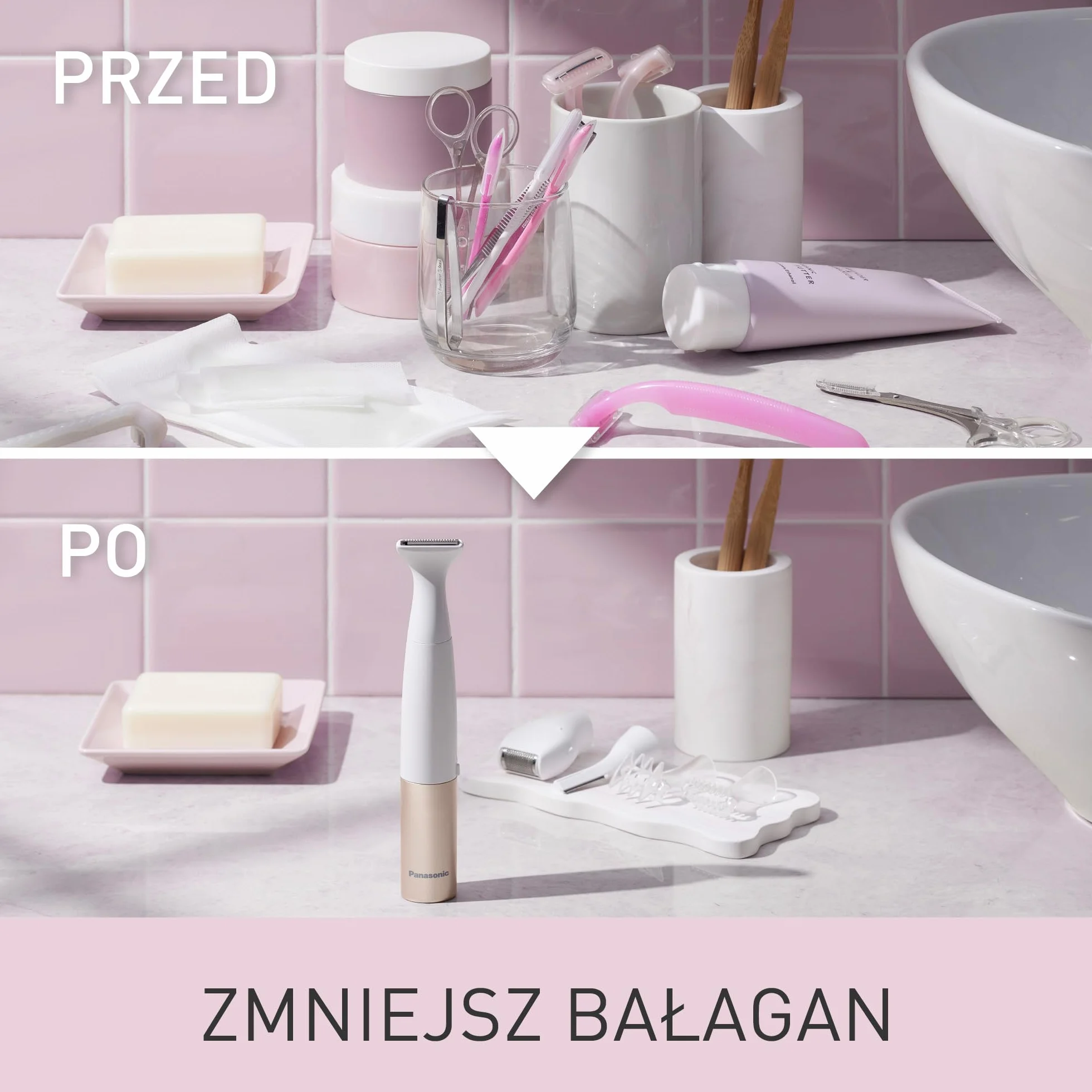 Panasonic ES-WM31 5 w 1 Do Ciała i Bikini, Golarka dla Kobiet, Golarki, Trymer do Bikini, 5 Końcówek, IPX7 Wodoodporna, Na Mokro i Na Sucho, Zasilana na Baterię (1 Bateria AA), Biało-Złoty