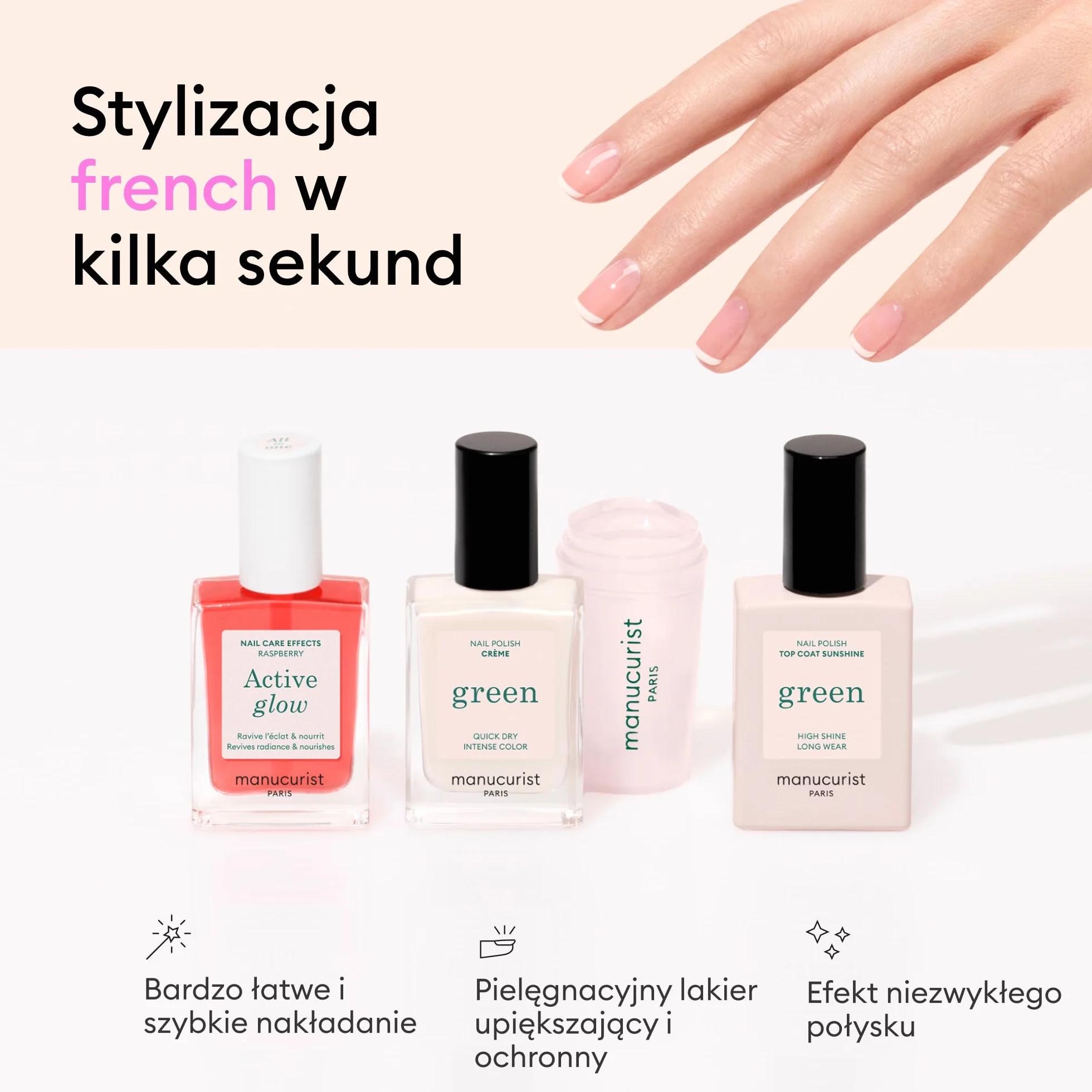 Manucurist – Zestaw Active French Manicure Routine – Active™ Glow Raspberry Lakier Wzmacniający, Green™ Crème Mini, Mani Stamper oraz Sunshine Top Coat Efekt Żelowy – French Manicure Kit