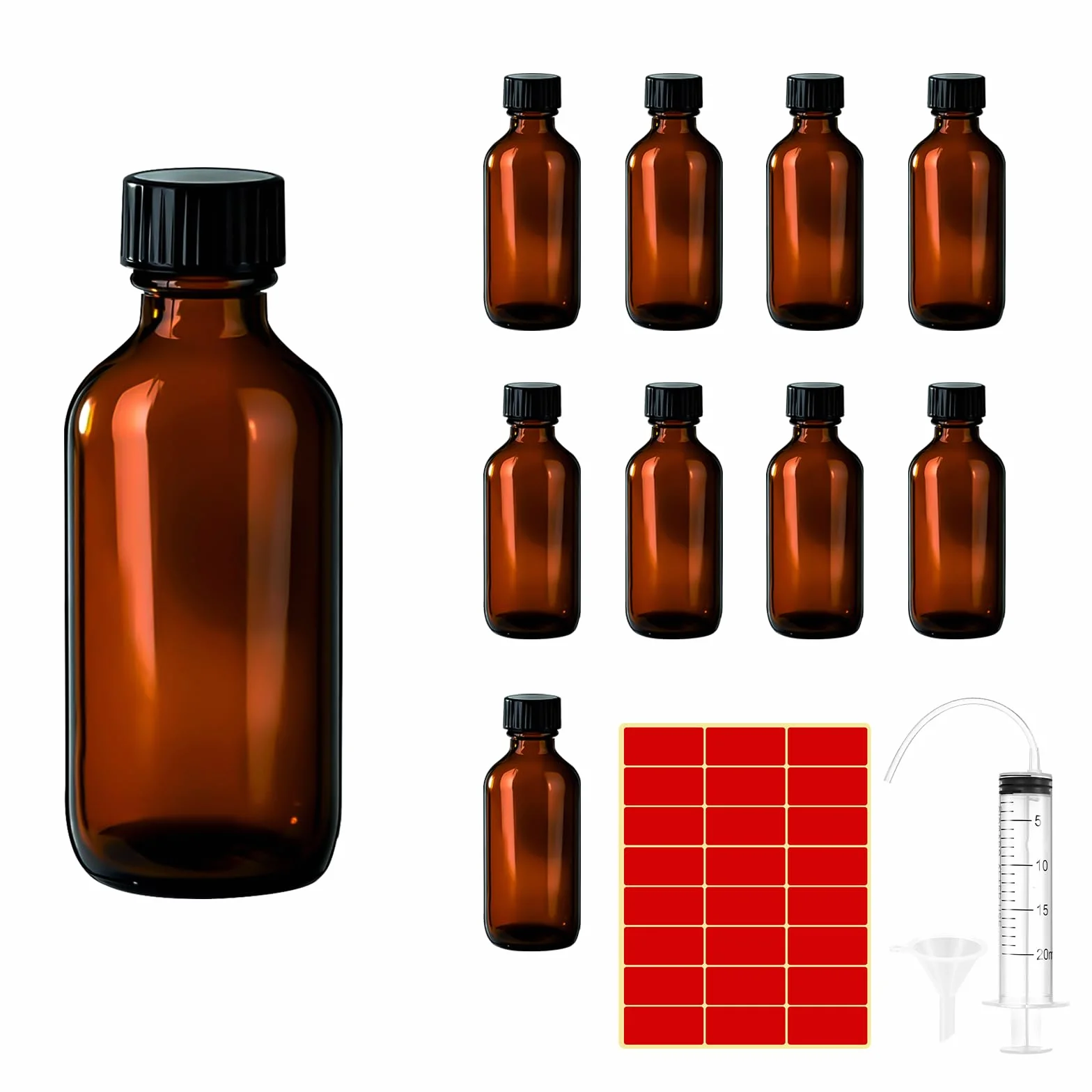 Zorplex Zestaw 10 Butelek z Pipetą 10ml ze Szkła Bursztynowego z Czarną Nakrętką, Wielokrotnego Użytku Flakony na Olejki Eteryczne, Perfumy i Aromaterapię, W Zestawie Strzykawka (10, 10ml)