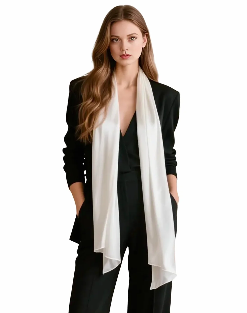Jedwabny szal damski, 100% jedwab, 180 x 90 cm, jednolity kolor, do formalnego garnituru, profesjonalny styl, prezent dla niej, biały, 180 x 90 cm