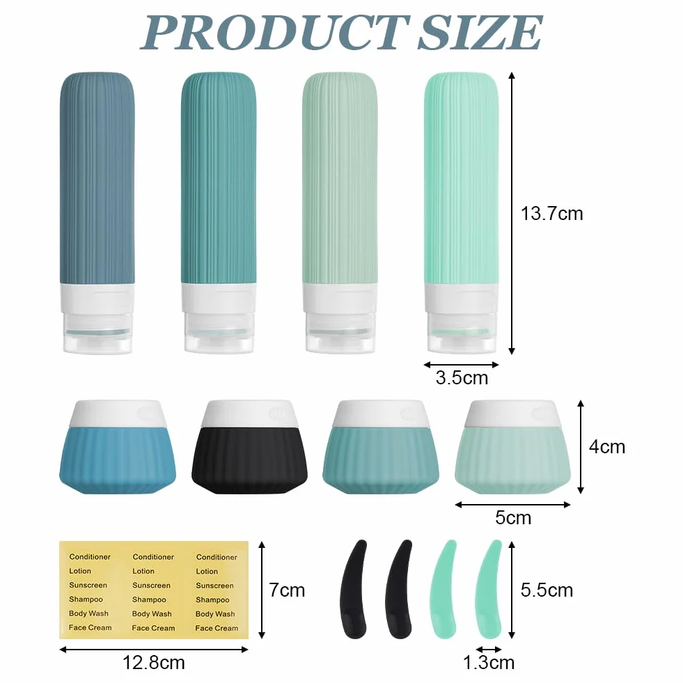 Silikonowe butelki podróżne, 4 x 90 ml i 4 x 40 ml pojemniki podróżne z torbą toaletową i pustymi naklejkami, [wielokrotnego napełniania i zapobiegania wyciekom], na szampon, balsam, kosmetyki