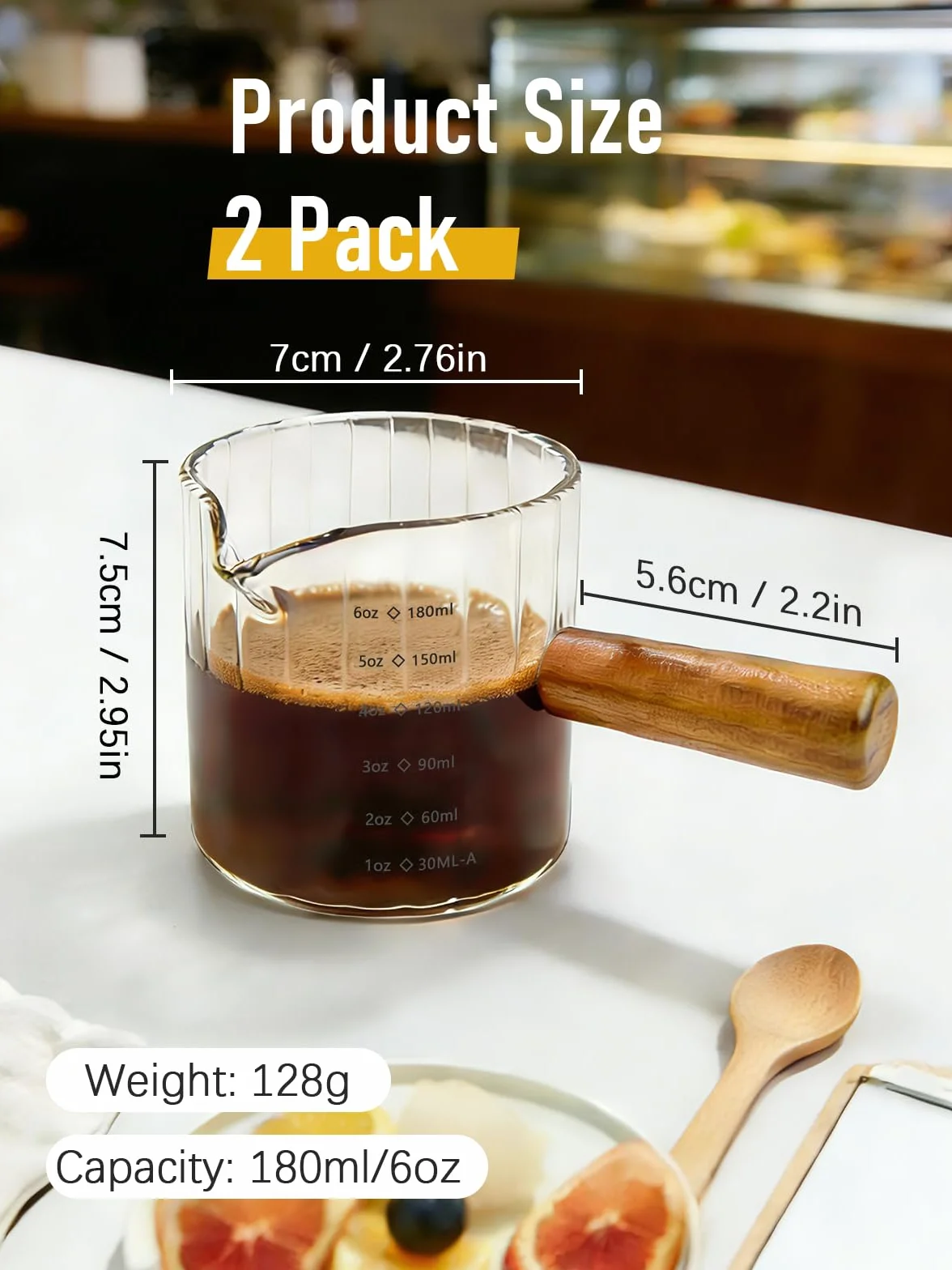 Zestaw 2 Filiżanek do Espresso z Drewnianym Uchwytem – 180 ml, Szkło Borokrzemianowe z Podziałką, Przezroczyste, Wylewka w Kształcie Litery V – do Domu, Biura i Kawiarni