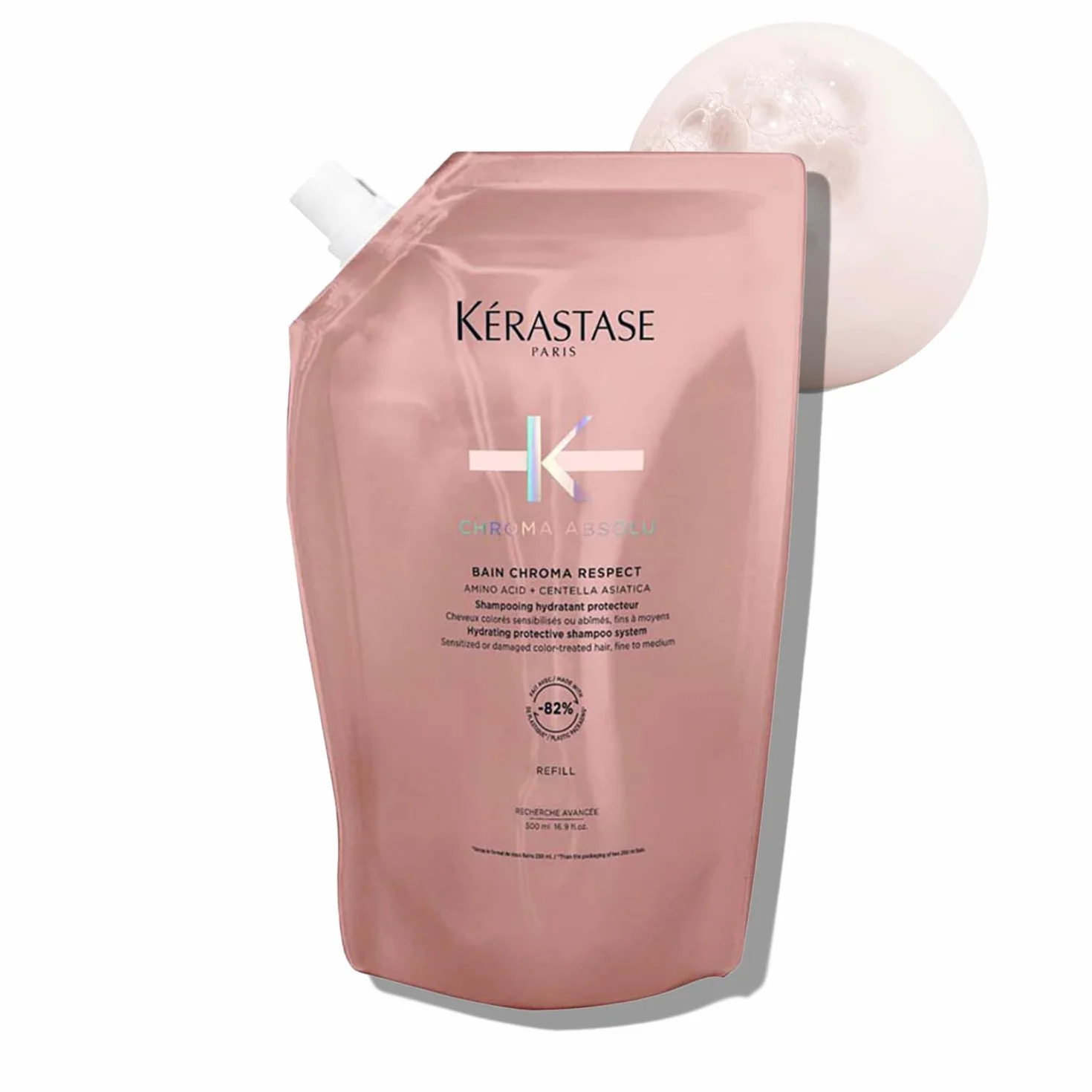 Kérastase Chroma Absolu Bain Chroma Respect, szampon ochronny do włosów farbowanych, pielęgnacja delikatnych i średnio farbowanych włosów, utrzymuje kolor, opakowanie uzupełniające, 500 ml