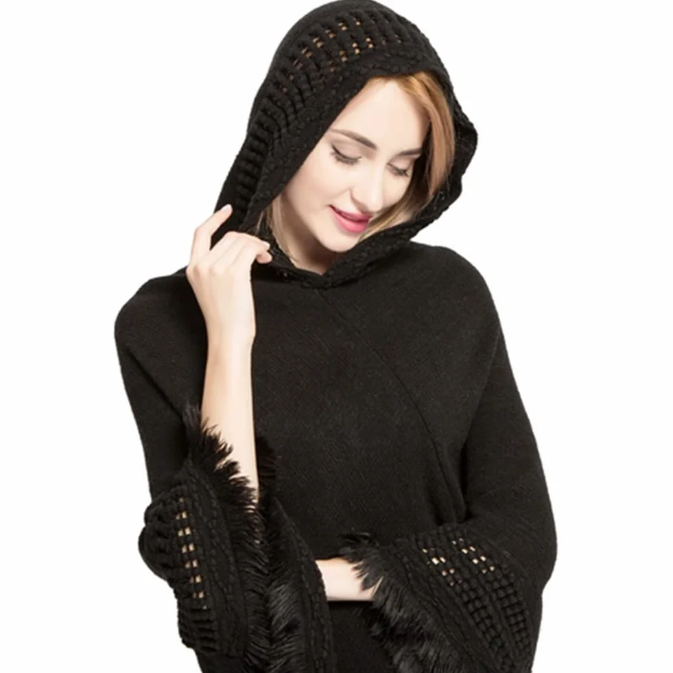 Proumhang Kobiety Hooded Poncho Sweater,Knit Shawl Cape Pullover z frędzlami,Kobiety Shawl Wrap Poncho Cape,Szale na jesień zimę,Prezenty dla kobiet Mama 85cm x 80cm