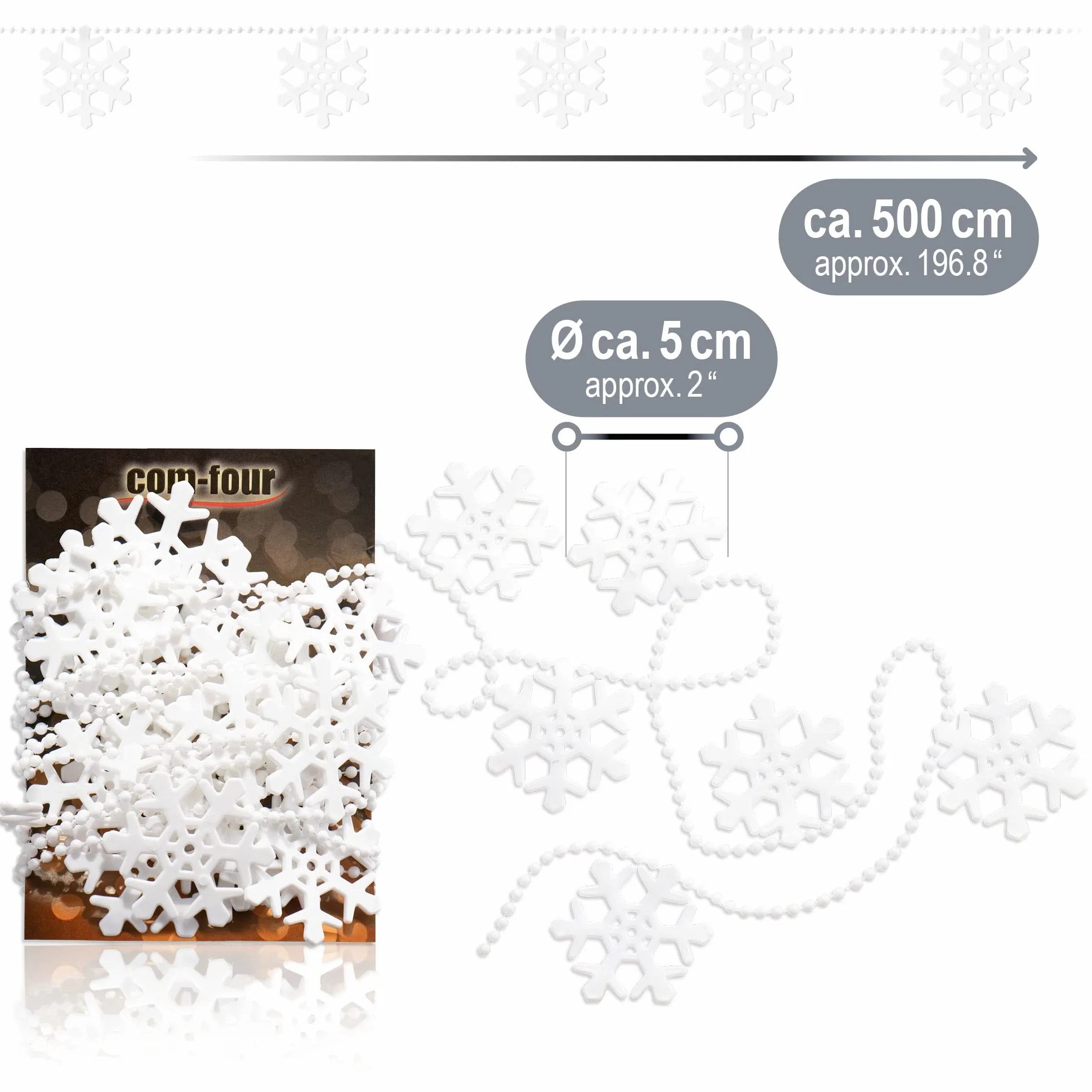 COM-FOUR® Girlanda z platkami sniegu - Swiateczna girlanda - Platek sniegu na ozdoby swiateczne - Ozdoby swiateczne na choinki - 500 cm (Set11 - bialy/sniezynki)