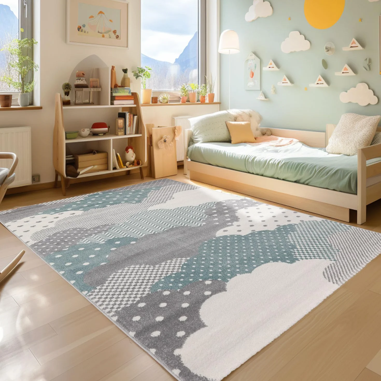 SIMPEX Dywan dziecięcy chmury wzór zygzaki serca kropki linie wzór niebieski szary biały rozmiar: 160 x 230 cm, kolor: niebieski