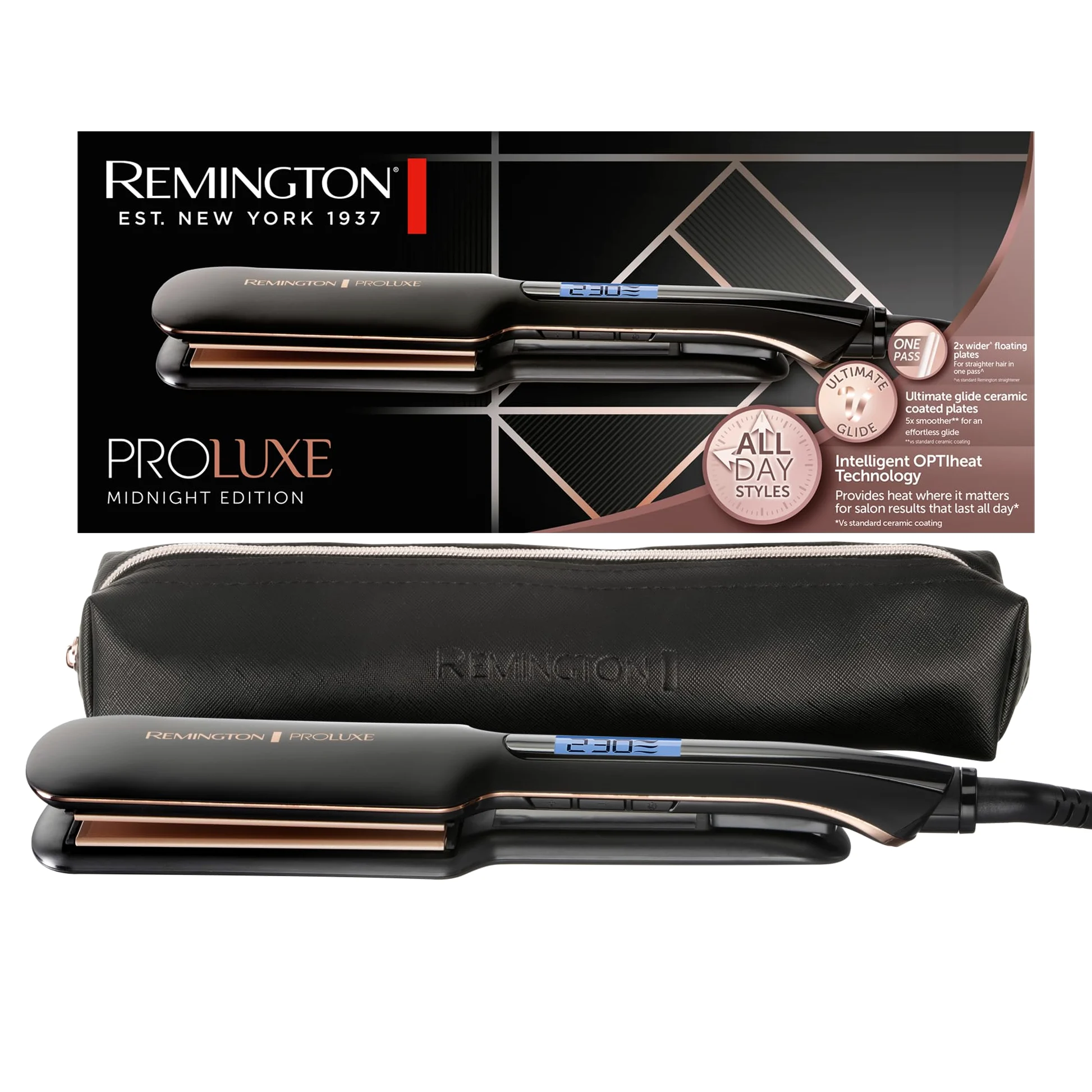 Remington prostownica do włosów, szerokie płytki, tech. OptiHeat utrwala fryzurę do 24h, ceramiczna, zakres temp. 150-230°C, LCD, szybkie nagrzewanie, przewód 3m, czarna, PROluxe Midnight Wide S9150B