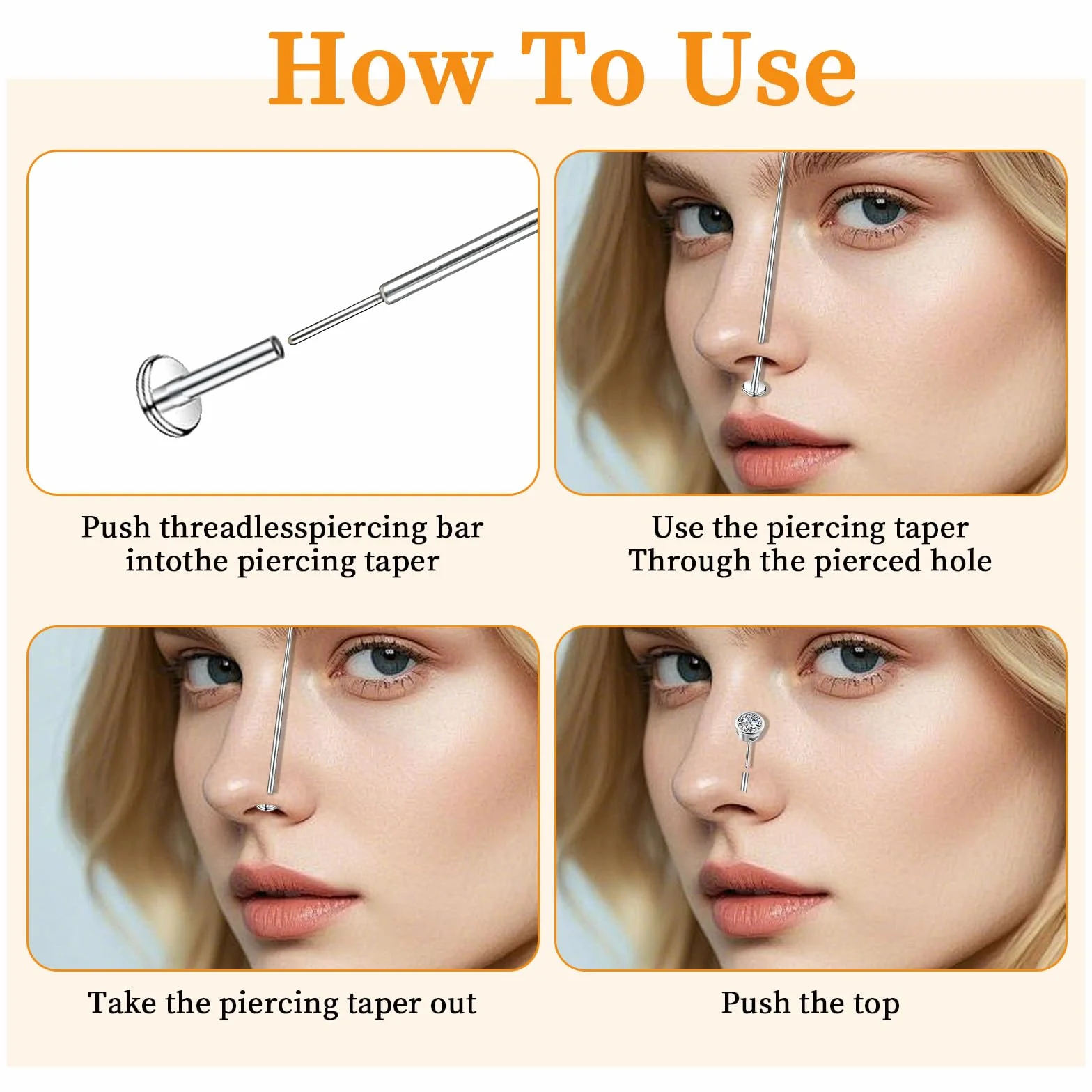 Zestaw narzędzi do piercingu kulkowego, 16G, 18G, bez gwintu, gwint wewnętrzny, gwint zewnętrzny, ze stali nierdzewnej, płaskie tylne kolczyki, narzędzie do wkładania, zakrzywione kolczyki do ciała