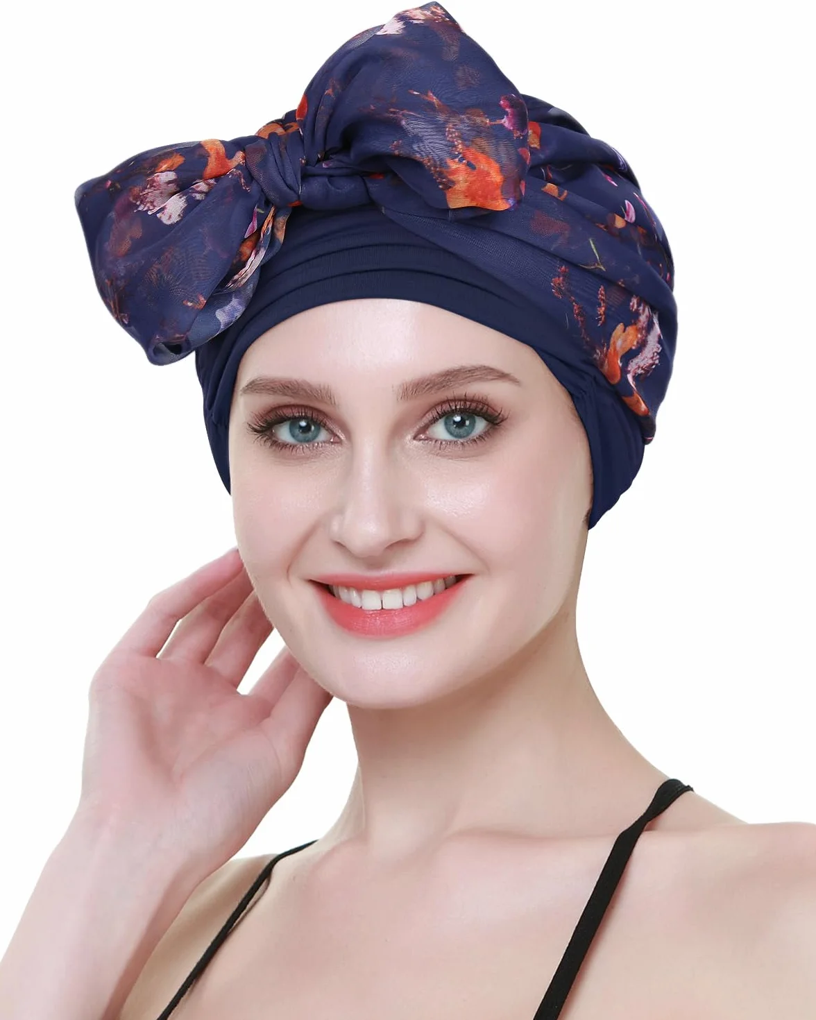 FocusCare chemo turban nakrycie głowy dla kobiet po chemioterapii chorych na raka, granatowy żółty, jeden rozmiar