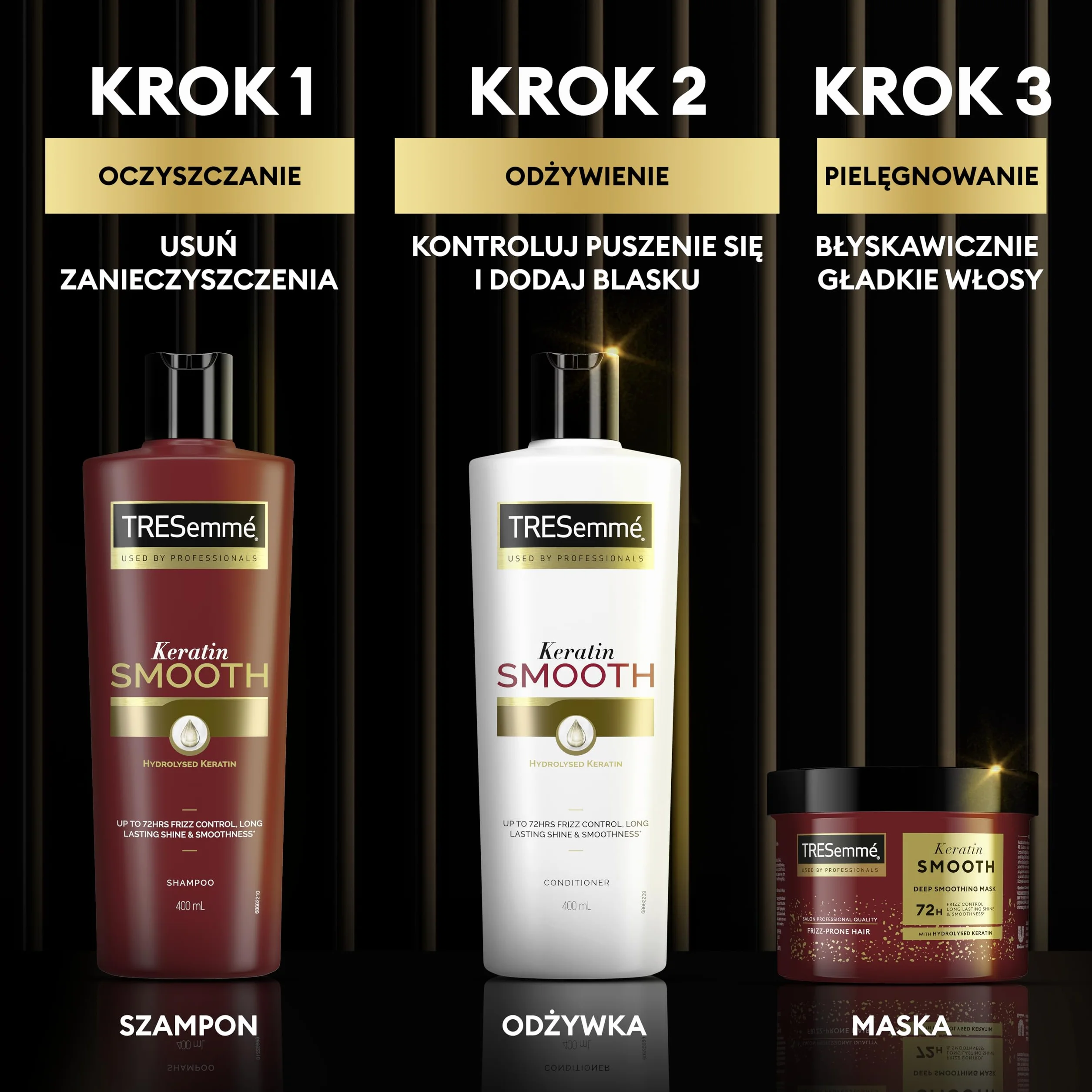TRESemmé Szampon, Odżywka i Maska Keratin Smooth pielęgnacja włosów w zestawie z hydrolizowaną keratyną 400 ml + 400 ml + 440 ml 3
