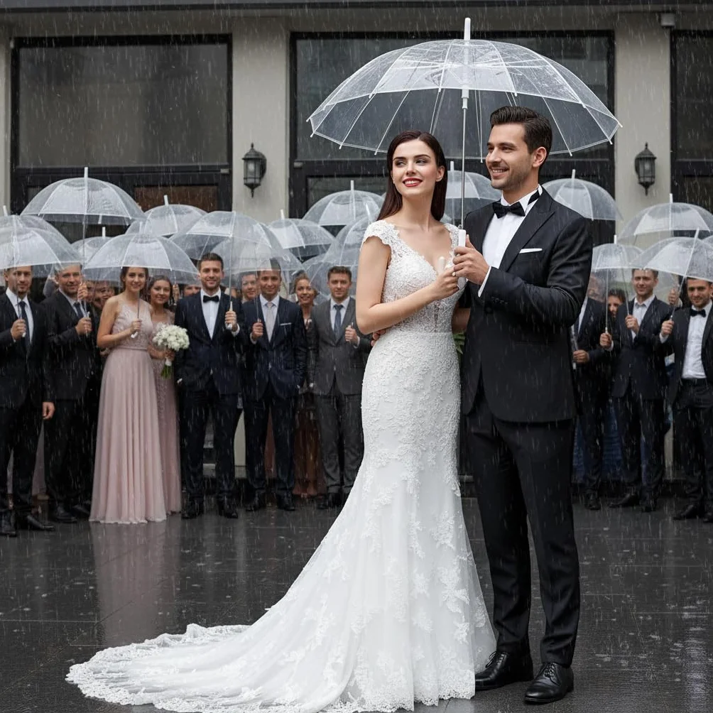 Przezroczysty parasol przeciwdeszczowy, przezroczysty parasol dla dorosłych, idealny na wesele, ukończenie szkoły, zdjęcie - uchwyt J Hook automatycznie otwiera się