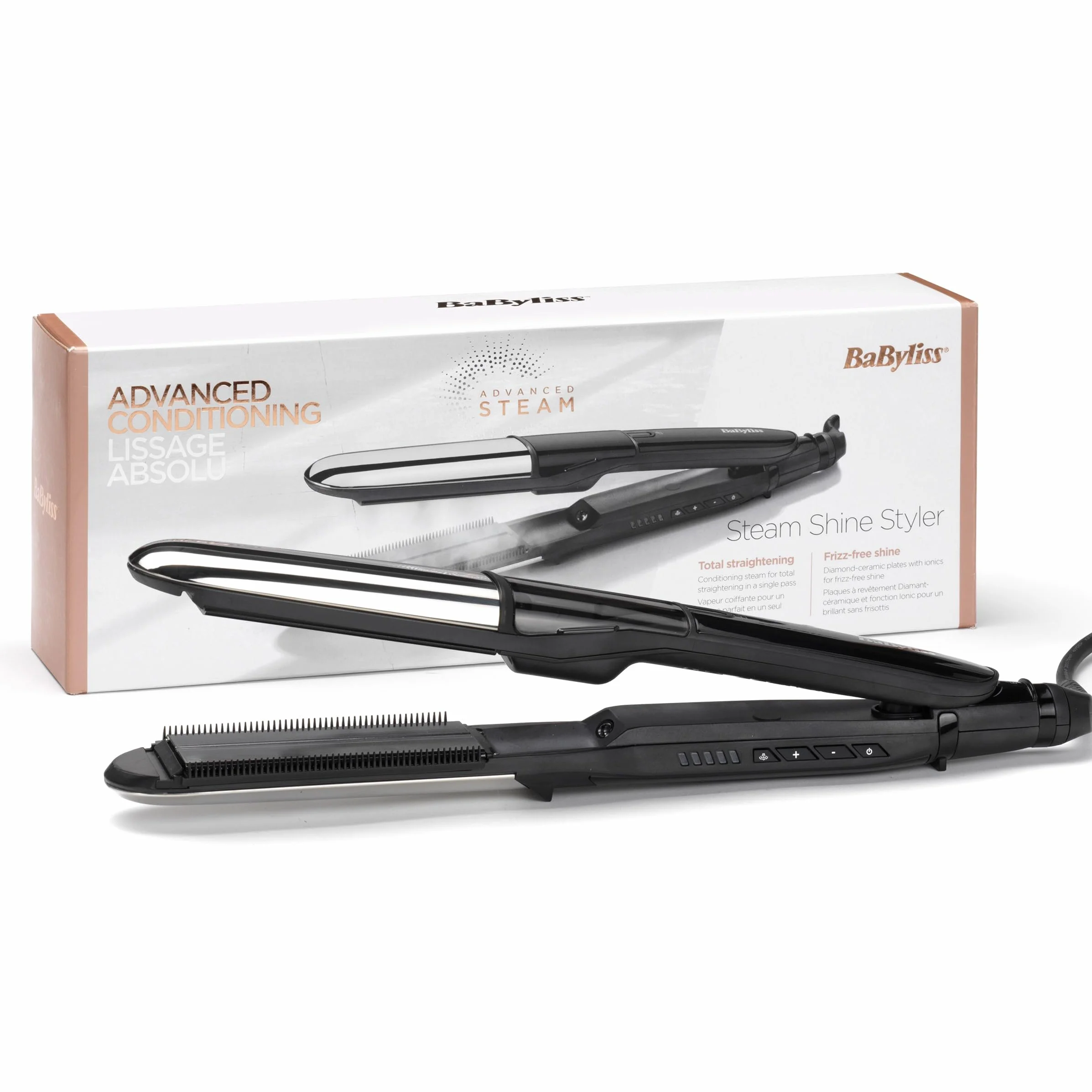 BaByliss Steam Shine – Prostownica Parowa z XL Płytkami Turmalinowo‑Ceramicznymi do Szybkiego i Łatwego Prostowania, Funkcja Jonowa Anti‑Frizz dla Lśniących i Jedwabistych Włosów, ST496E