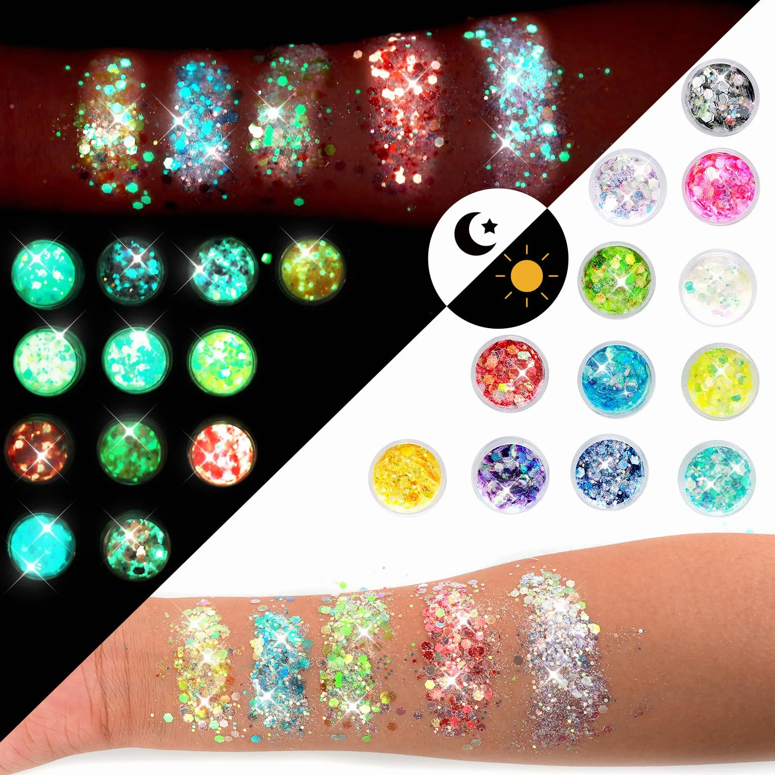simarro Fluorescencyjne cekiny brokatowe, 12 kolorów, hex Face Body Glitter zestaw do paznokci, włosów, ciała, brokatu, na Halloween, do makijażu, oczu, ust, ciała, rękodzieła, 554117_1_MXD1TRBYQ