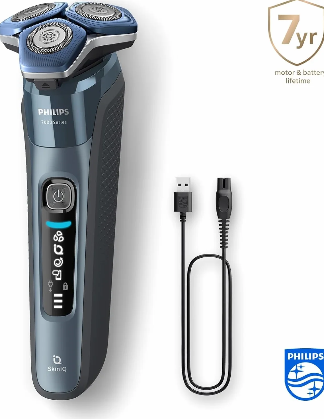 Philips Golarka elektryczna serii 7000 - golenie na mokro i sucho, kolor Ice Blue, prezycyjny trymer zintegrowany z uchwytem, etui podróżne, stacja czyszcząca, podstawka ładująca. Model S7882/54