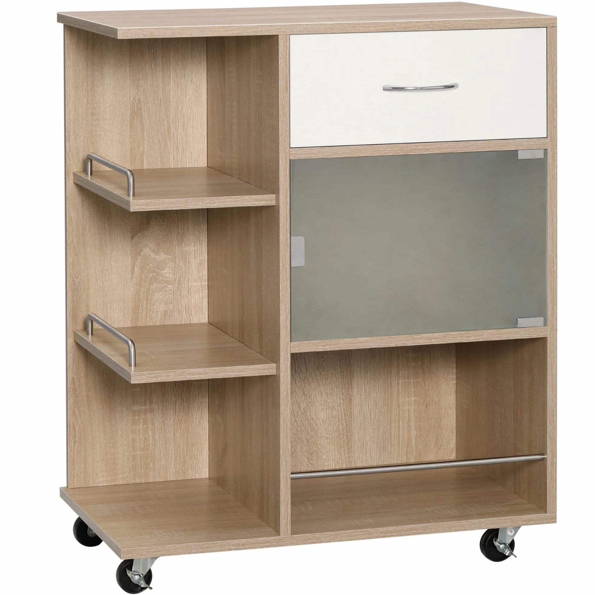 HOMCOM Deser kuchenny, wózek do serwowania, kółka obrotowe 360°, półki z barierkami, wyspa centralna kuchnia, z szufladą, półkami, szafa, 65 x 39 x 80 cm, naturalny