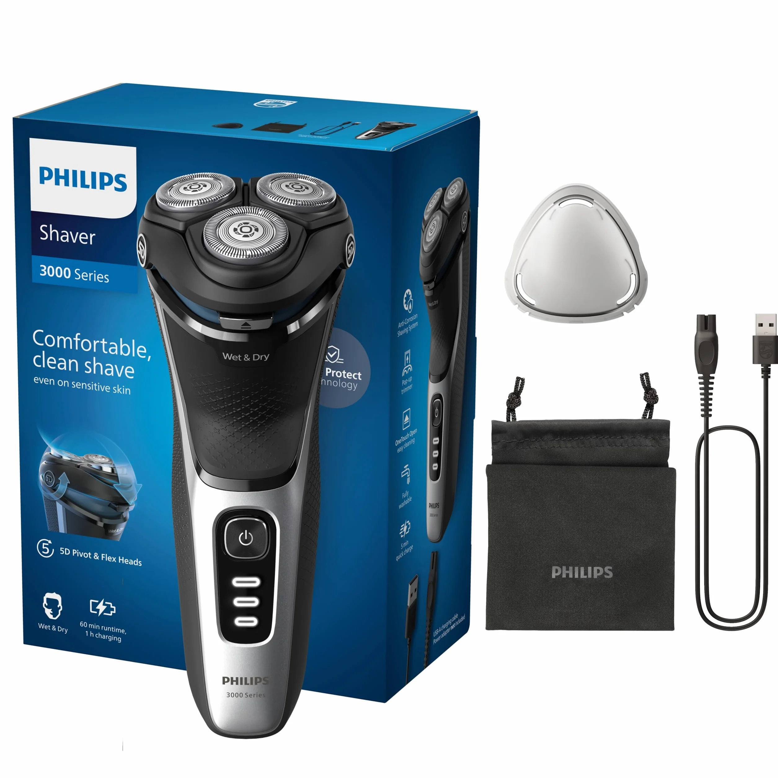 Philips Electric Shaver Series 3000 - golarka elektryczna na mokro i sucho z technologią SkinProtect, kolor czarny, trymer termokurczliwy, golarka akumulatorowa z pokrowcem podróżnym (model S3241/12)