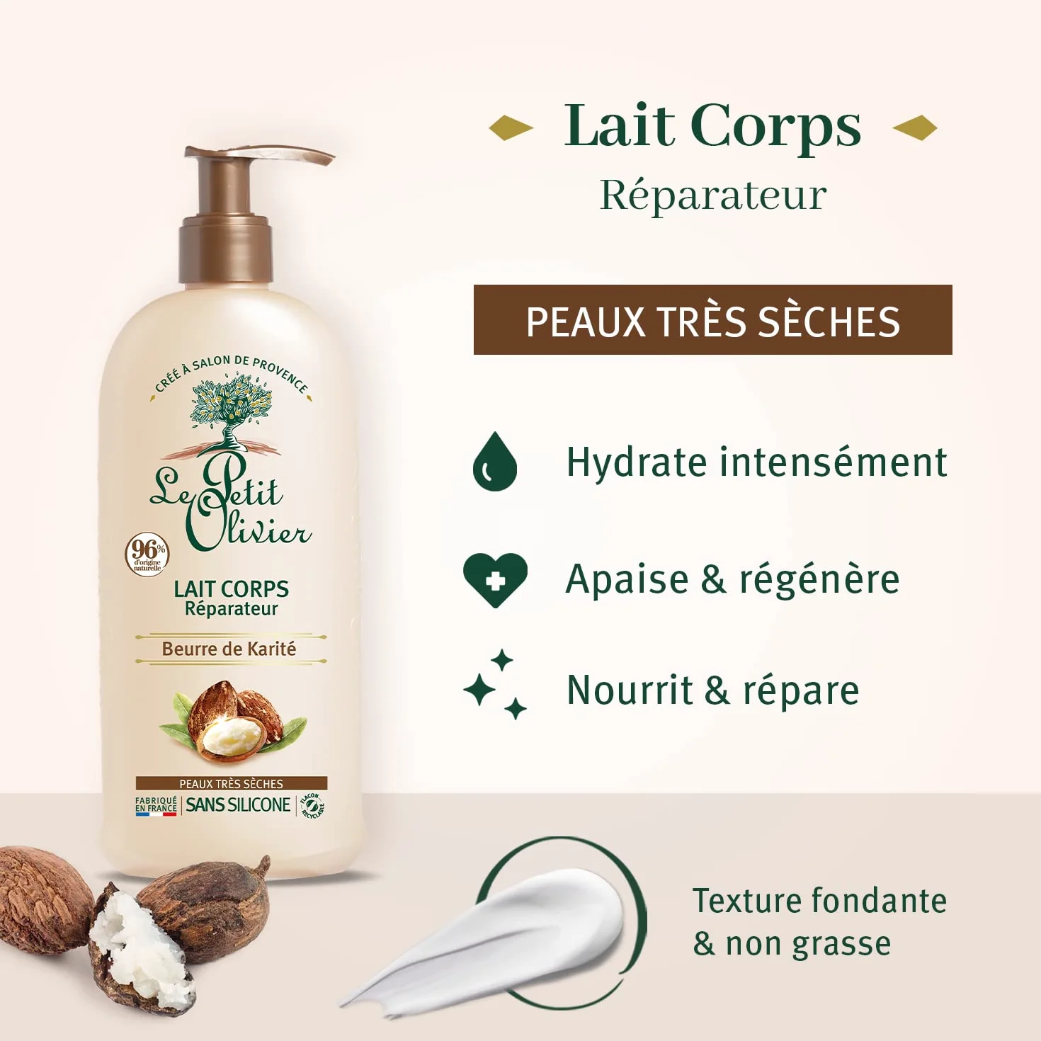 THE PETIT OLIVIER - Naprawcze mleko do ciała - Masło shea - Odżywa, naprawia i nawilża - Bardzo sucha skóra - 96% pochodzenia naturalnego - Bez silikonu - Wyprodukowano we Francji - 250 ml