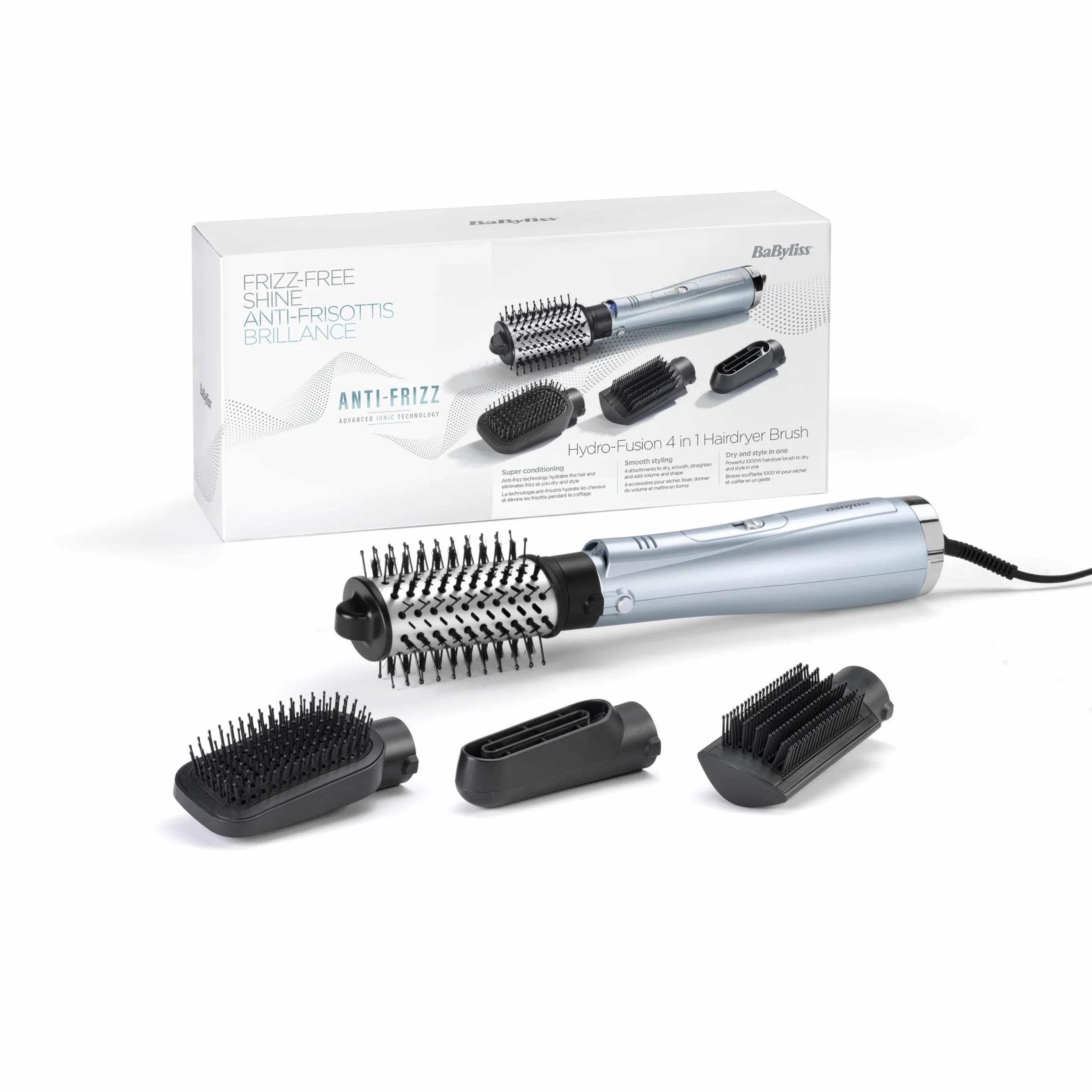 BaByliss Hydro-Fusion 4 w 1 suszarka szczotka do włosów - 1000 W Anti-Frizz Air Styler, Suszenie, Gładkość, Objętość, Prostowanie w Jednym Kroku, Niebieski, AS774E